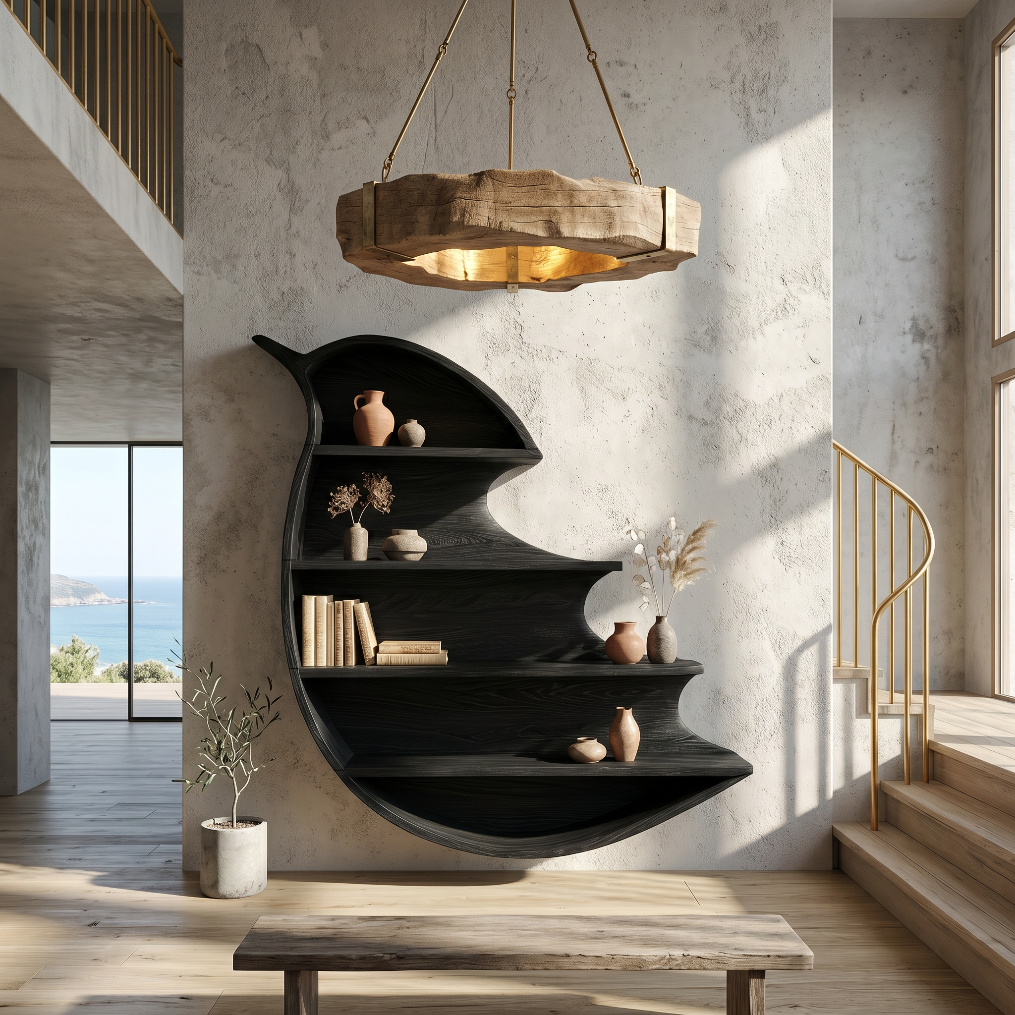 Artistic Wave Bookcase With Wall Mounted Display Storage For Entryway