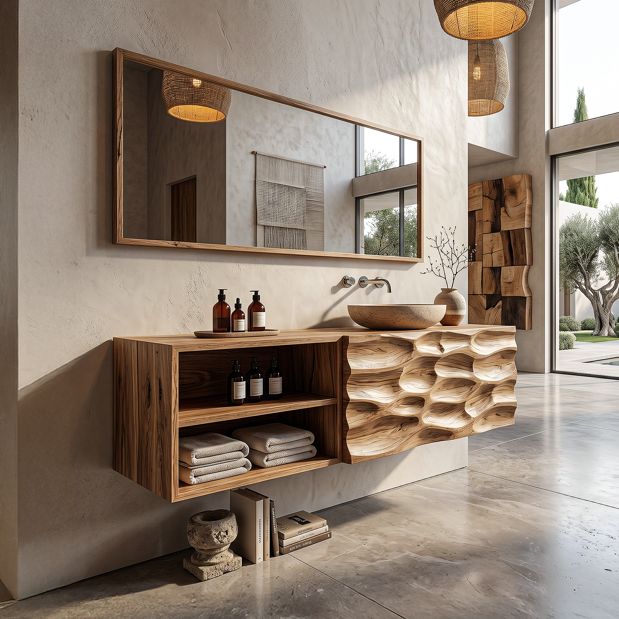 Handcrafted Organic Bathroom Vanity With Floating Storage Cabinet For Bathroom