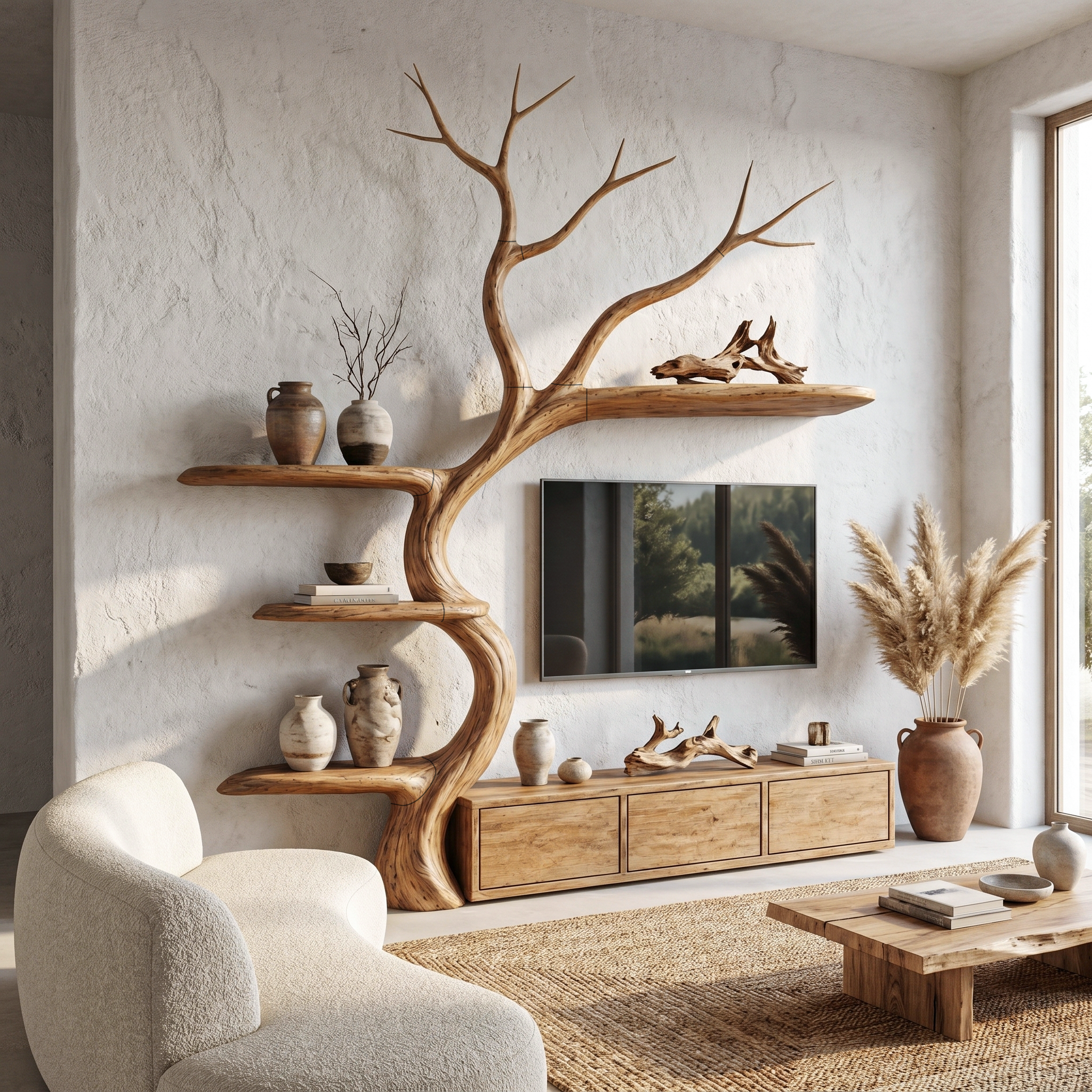 Rustic Tree Branch TV Cabinet With Integrated Display Shelves For Living Room