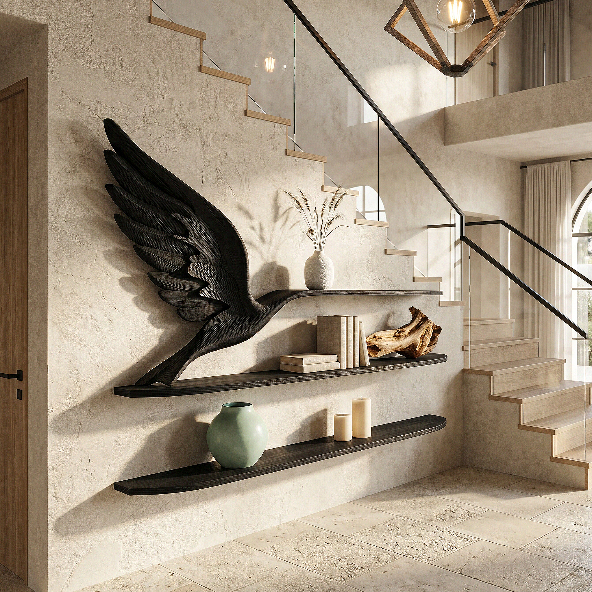 Handcrafted Eagle Wing Floating Shelf With Wooden Display Shelves For Living Room