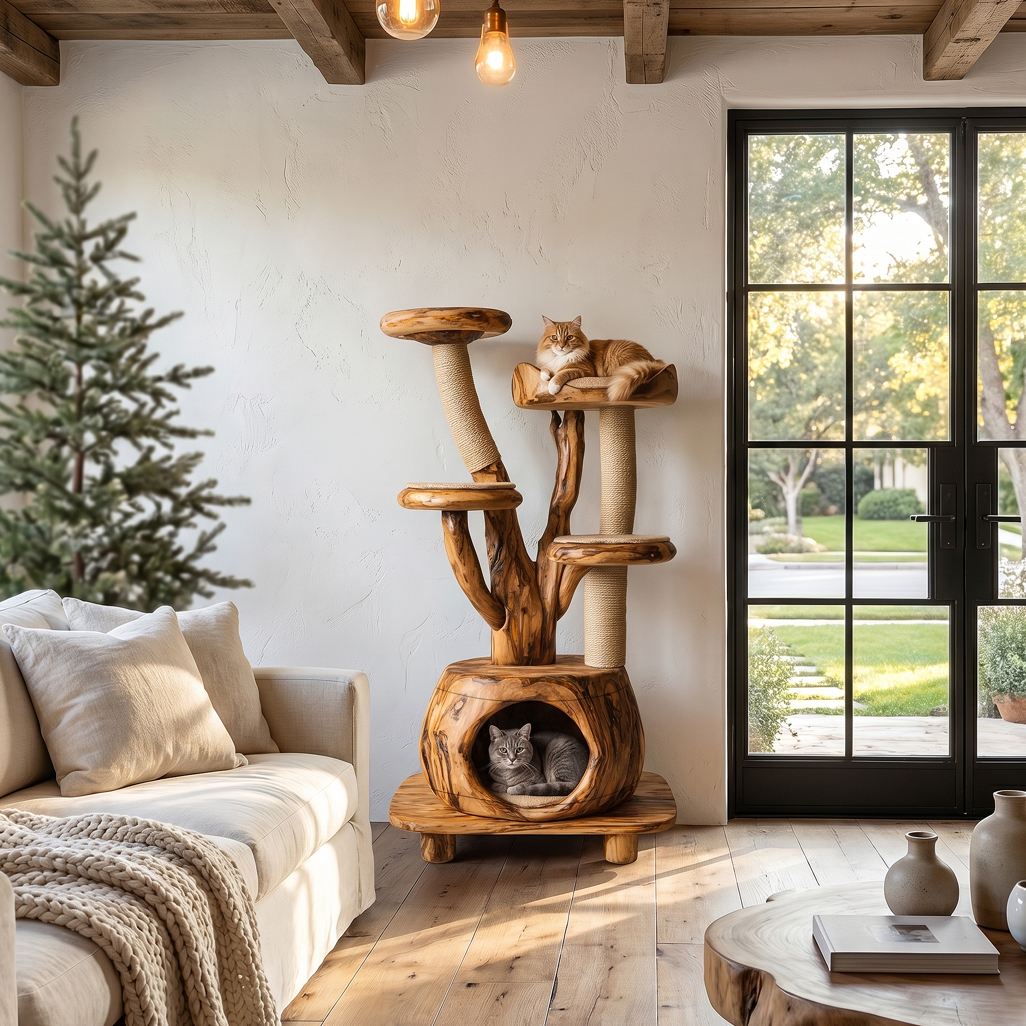 Rustic Tree Cat Tower With Cozy Pet Bed For Living Room