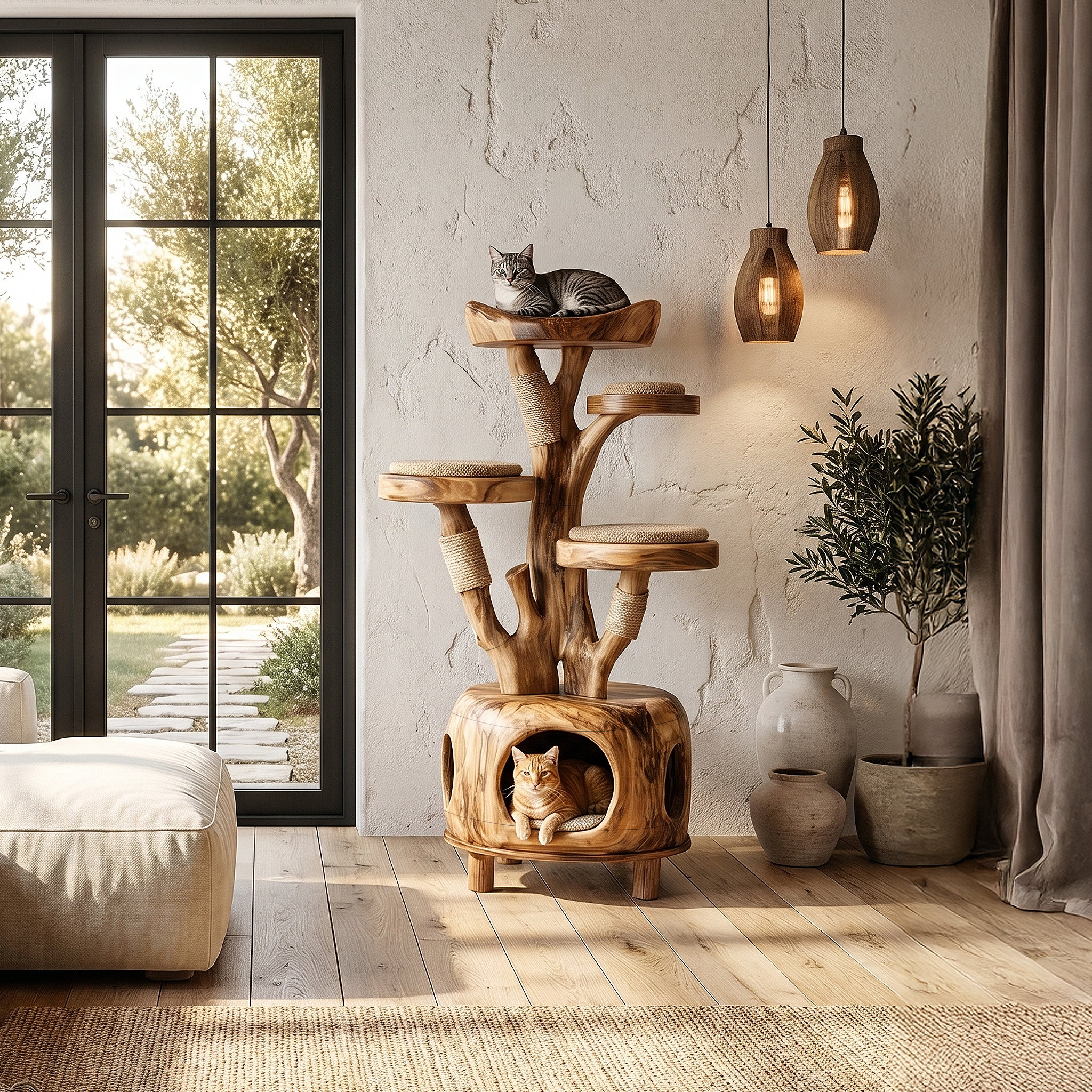 Nature Inspired Cat Tower With Cozy Hideaway Pet Bed For Home
