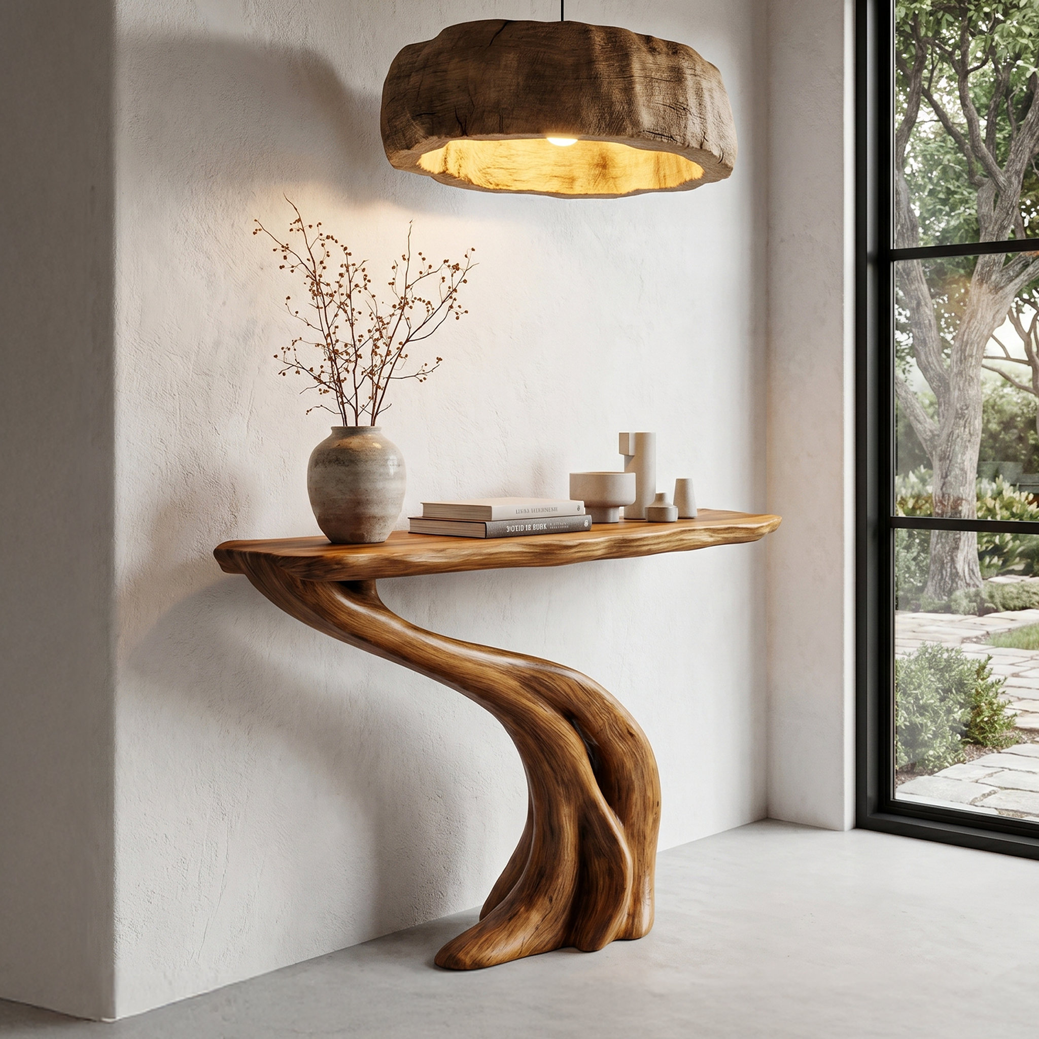 Organic Curved Console Table With Soft Flowing Wood Base For Entryway And Living Room
