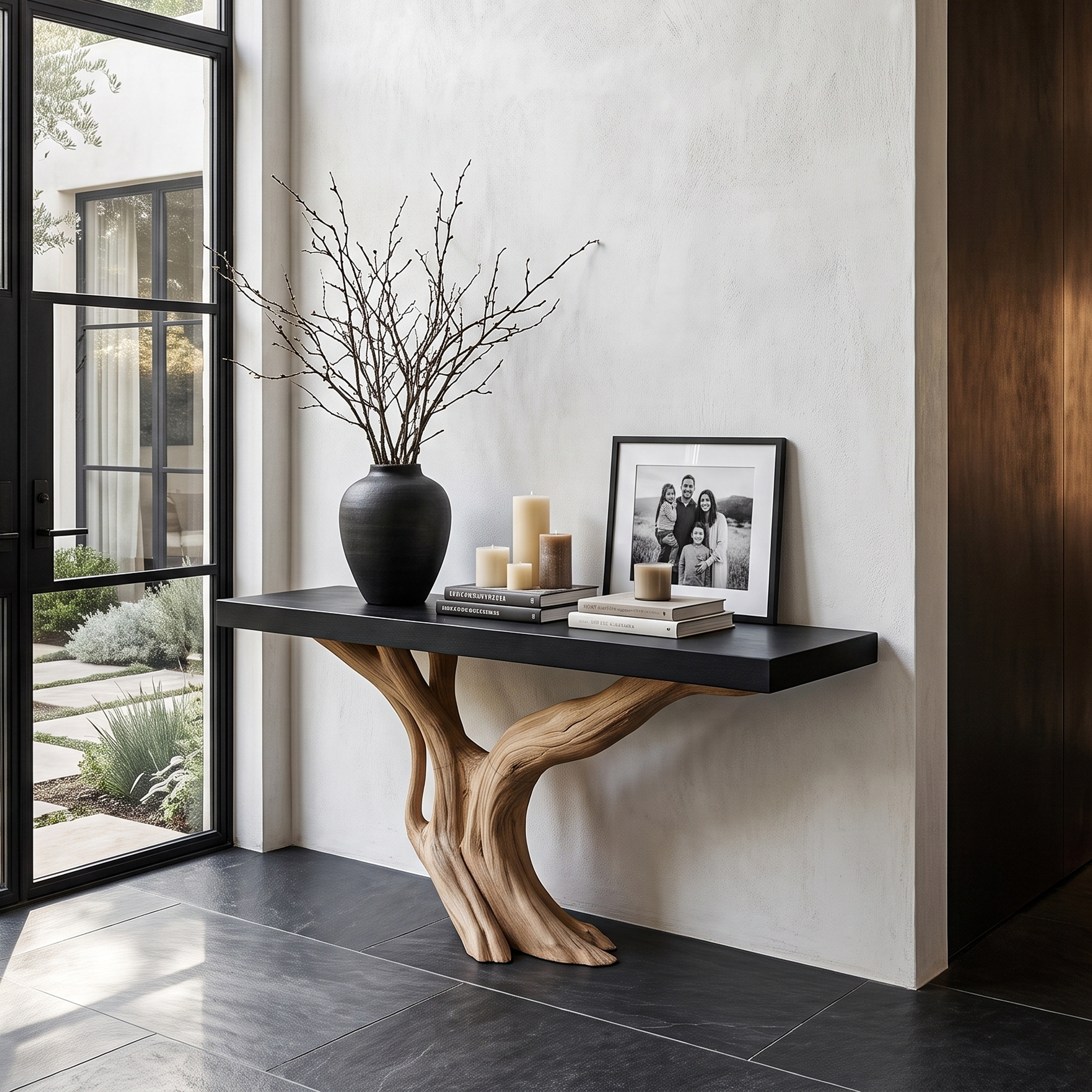 Organic Wall Mounted Console Table With Sculptural Wood Base For Hallway
