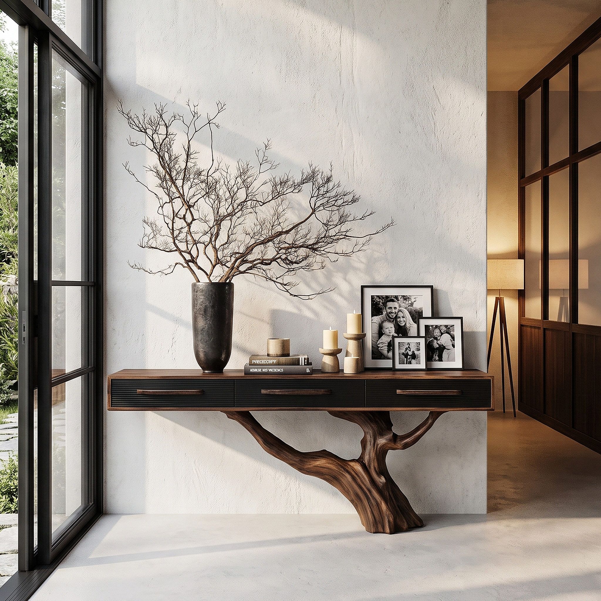 Statement Console Table With Nature Inspired Tree Base For Living Room