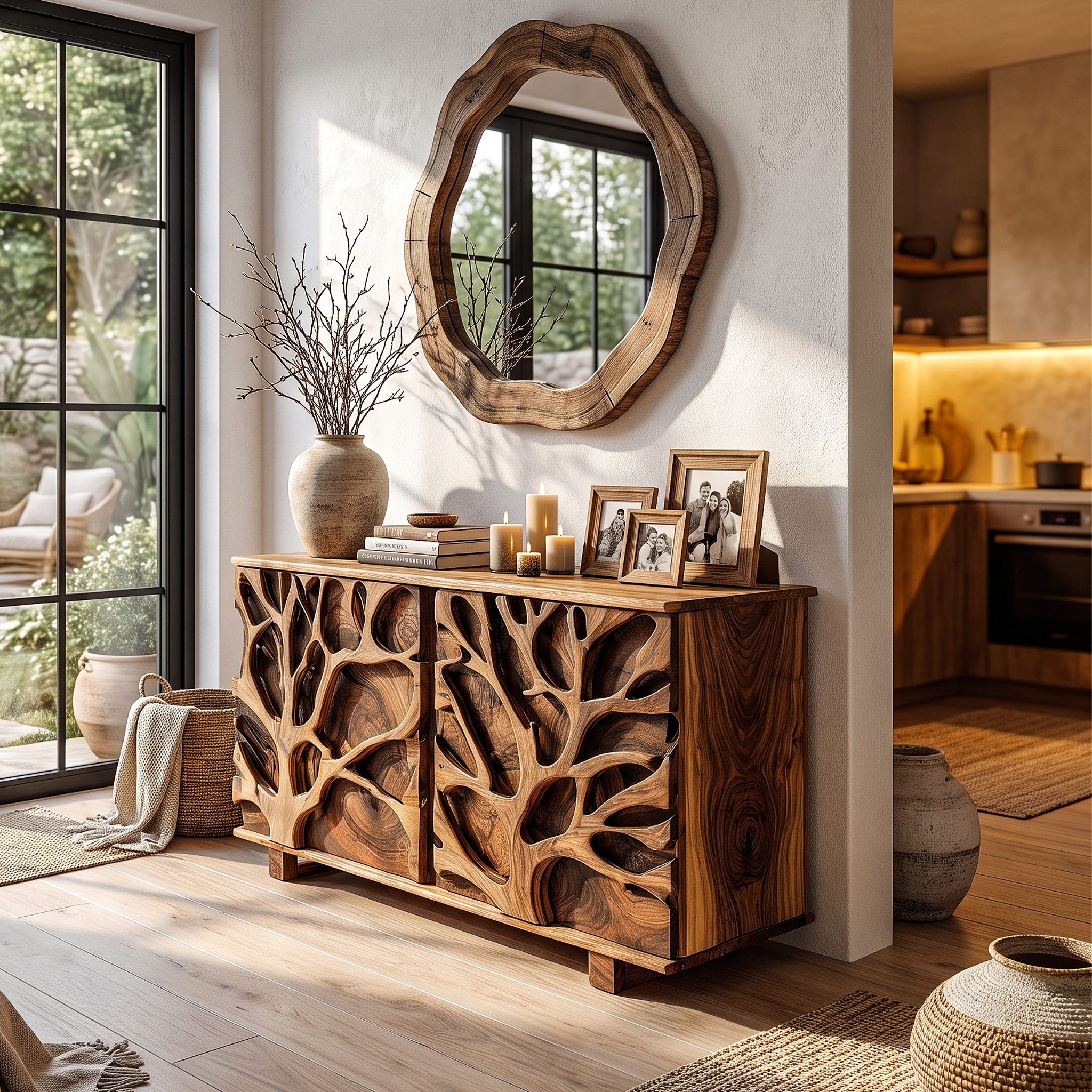Nature Inspired Storage Cabinet With Hand Carved Wood Design For Entryway
