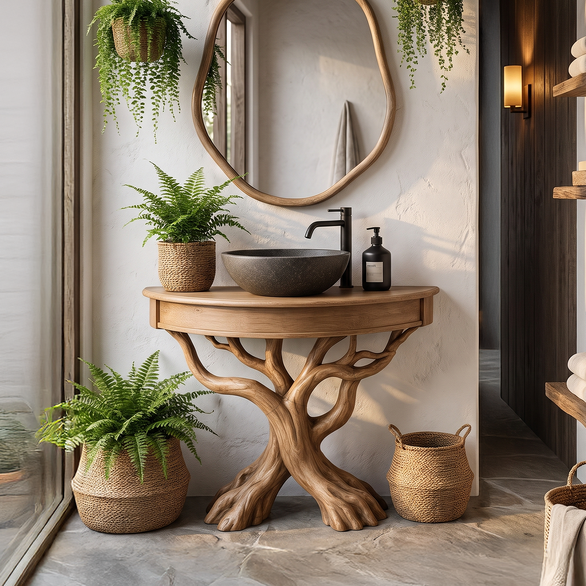 Tree Bathroom Vanity With Floating Countertop And Display Shelves For Bathroom