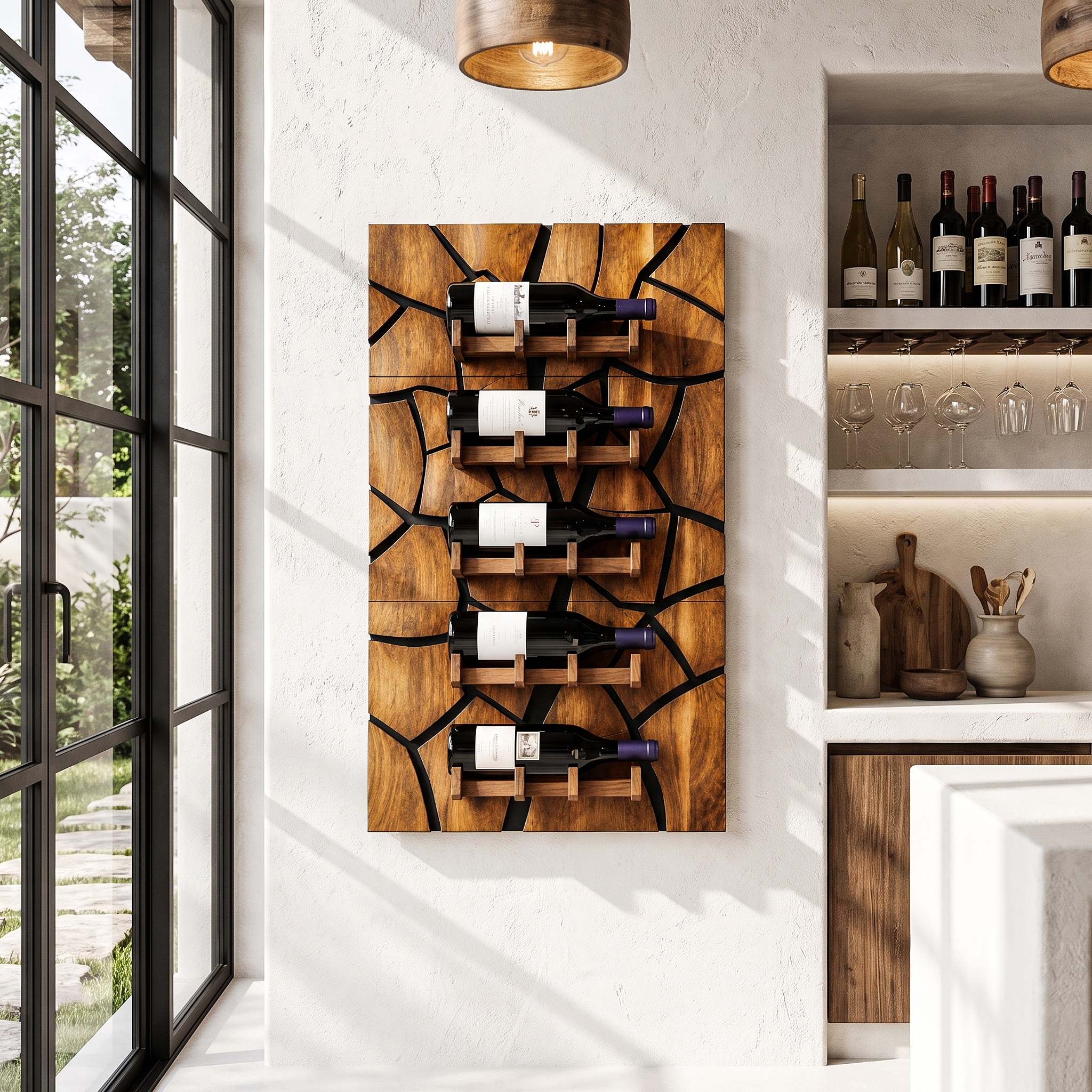 Rustic Wall Mounted Wine Holder With Geometric Bottle Display For Dining Room