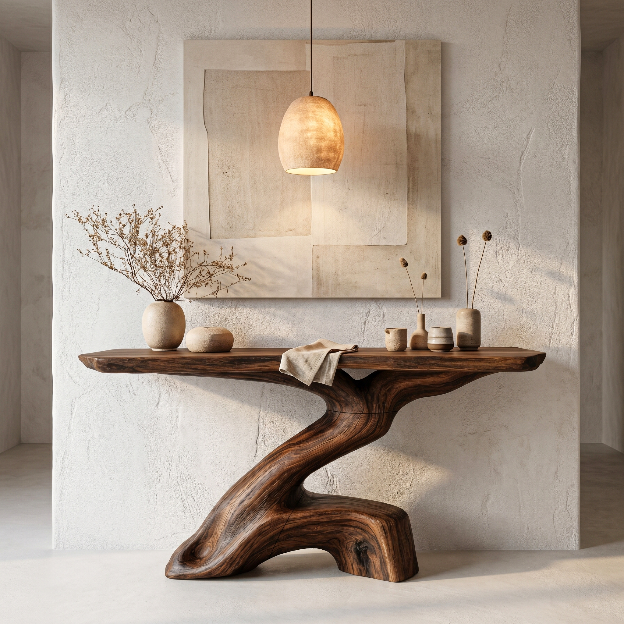 Rustic Console Table With Sculptural Tree Root Base And Solid Wood Top For Entryway And Living Room