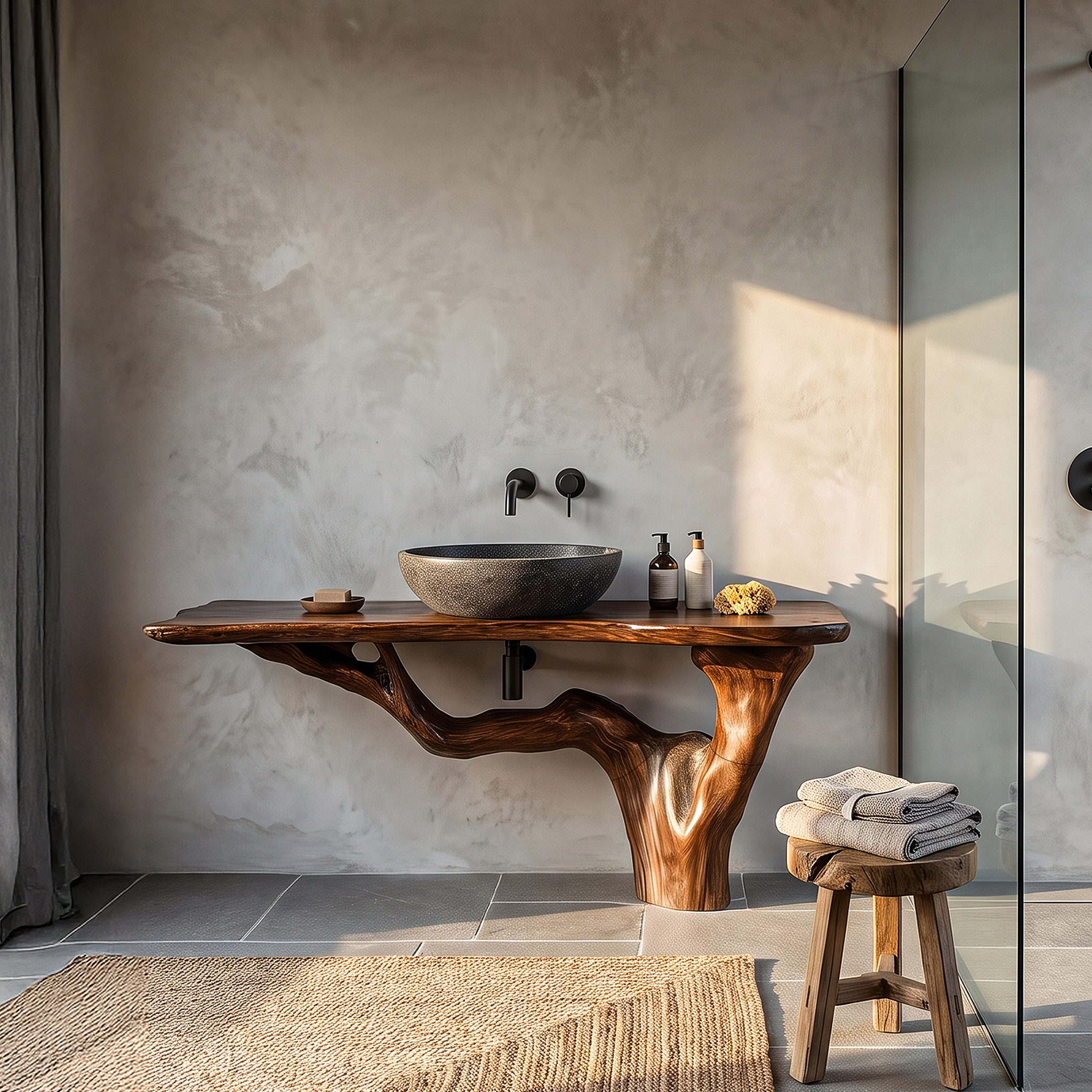 Handcrafted Bathroom Vanity With Tree Trunk Design For Powder Room