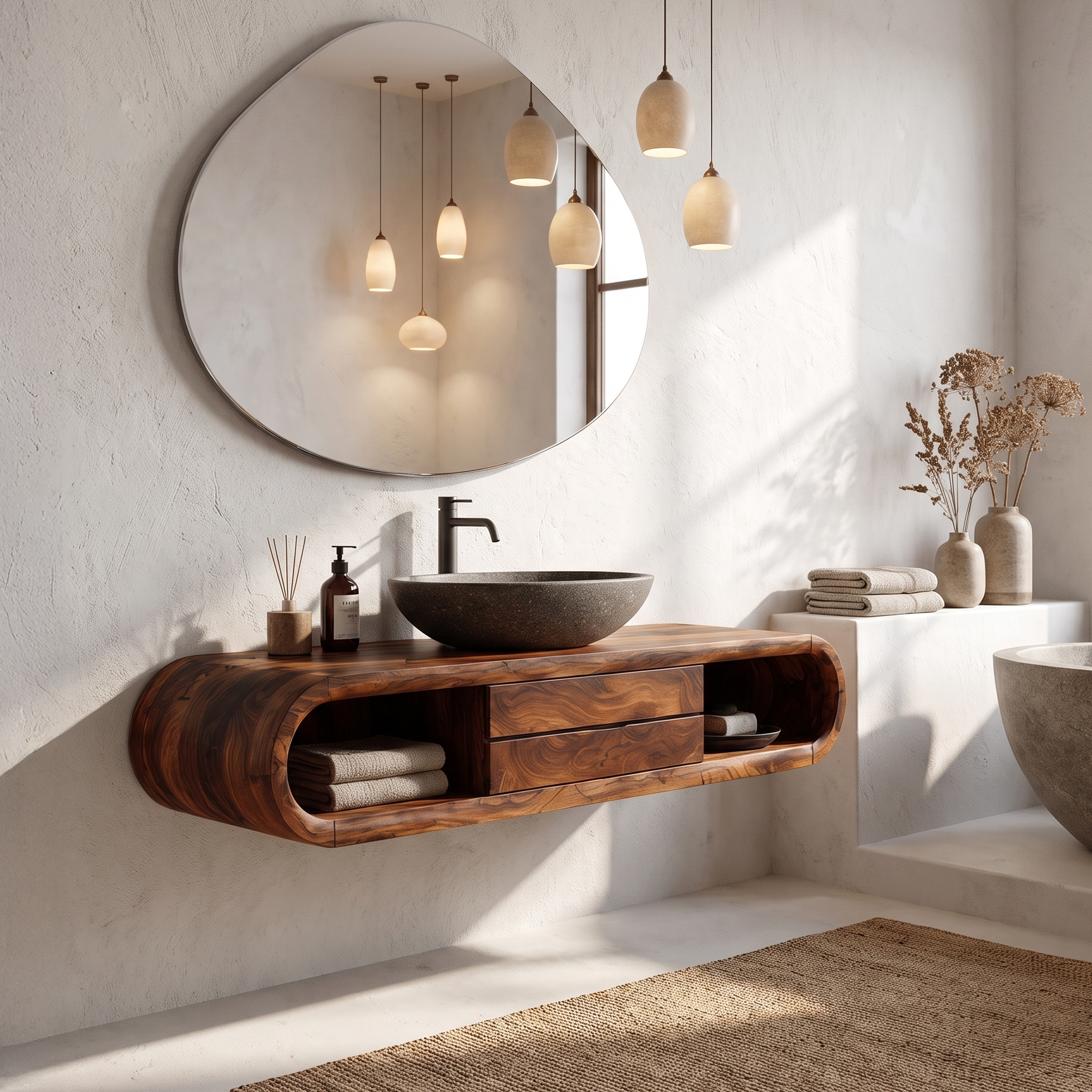 Nature Inspired Wall Mounted Bathroom Vanity With Live Edge Wood Design For Bathroom