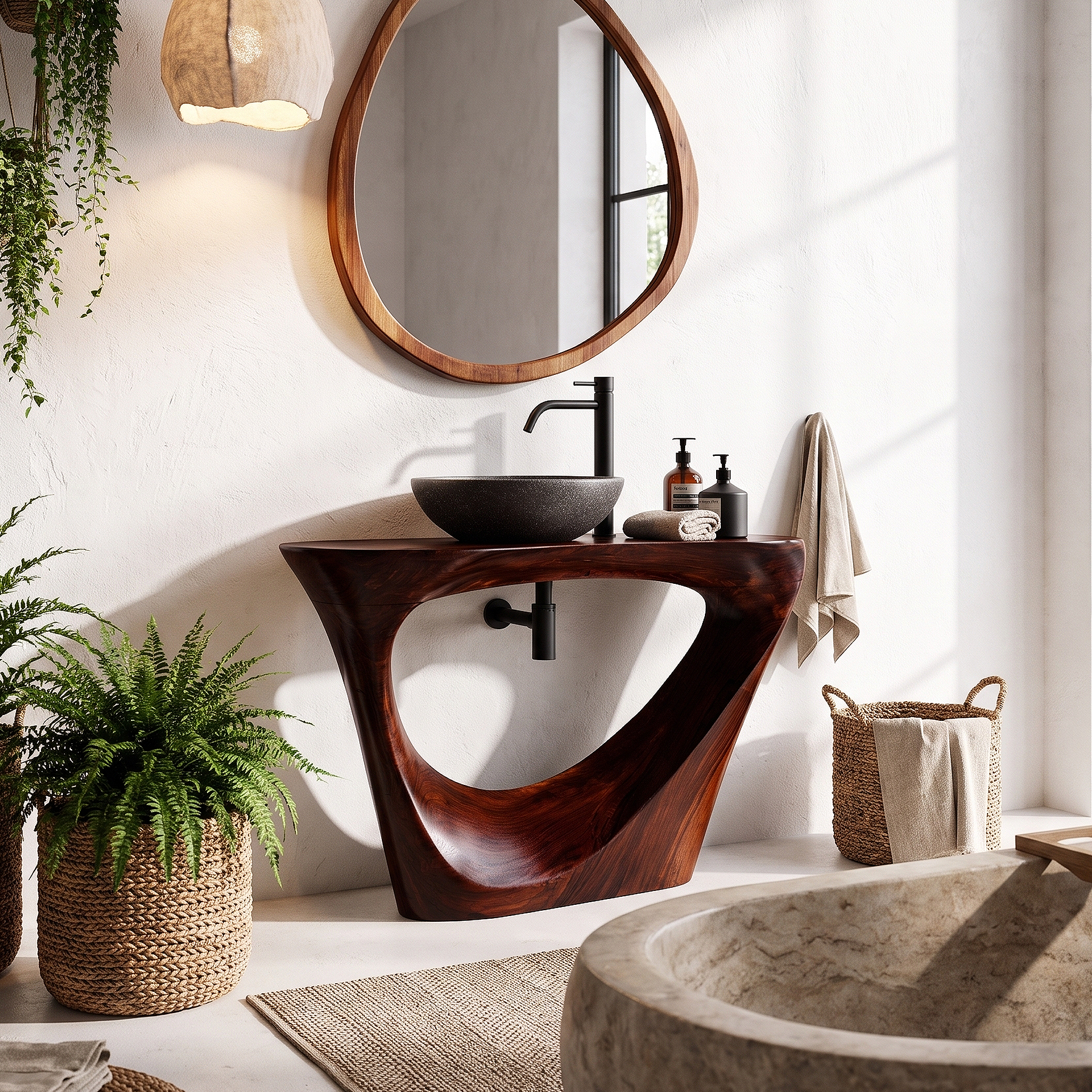 Live Edge Floating Bathroom Vanity With Sculptural Tree Support For Bathroom
