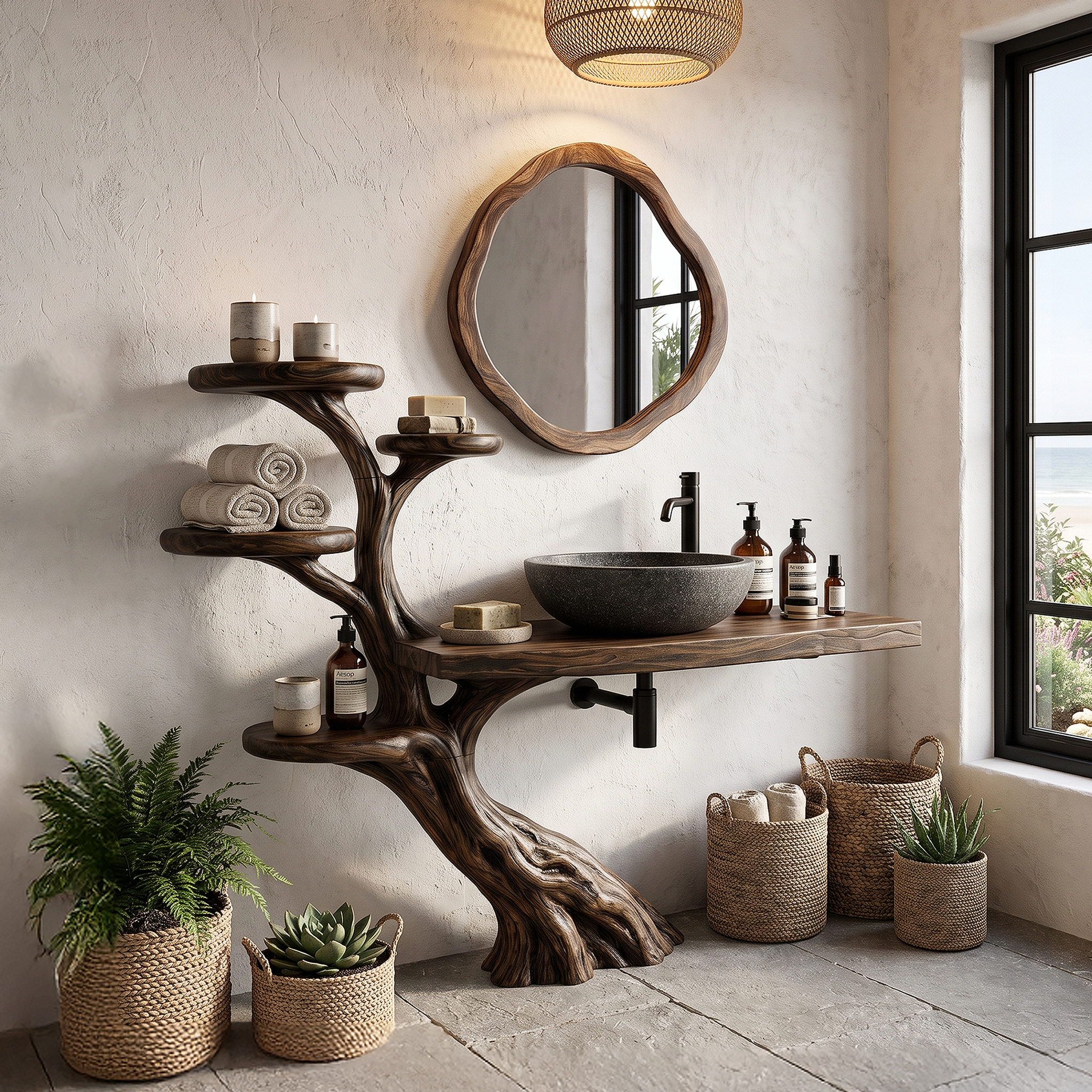 Rustic Bathroom Vanity With Sculptural Wood Structure For Bathroom