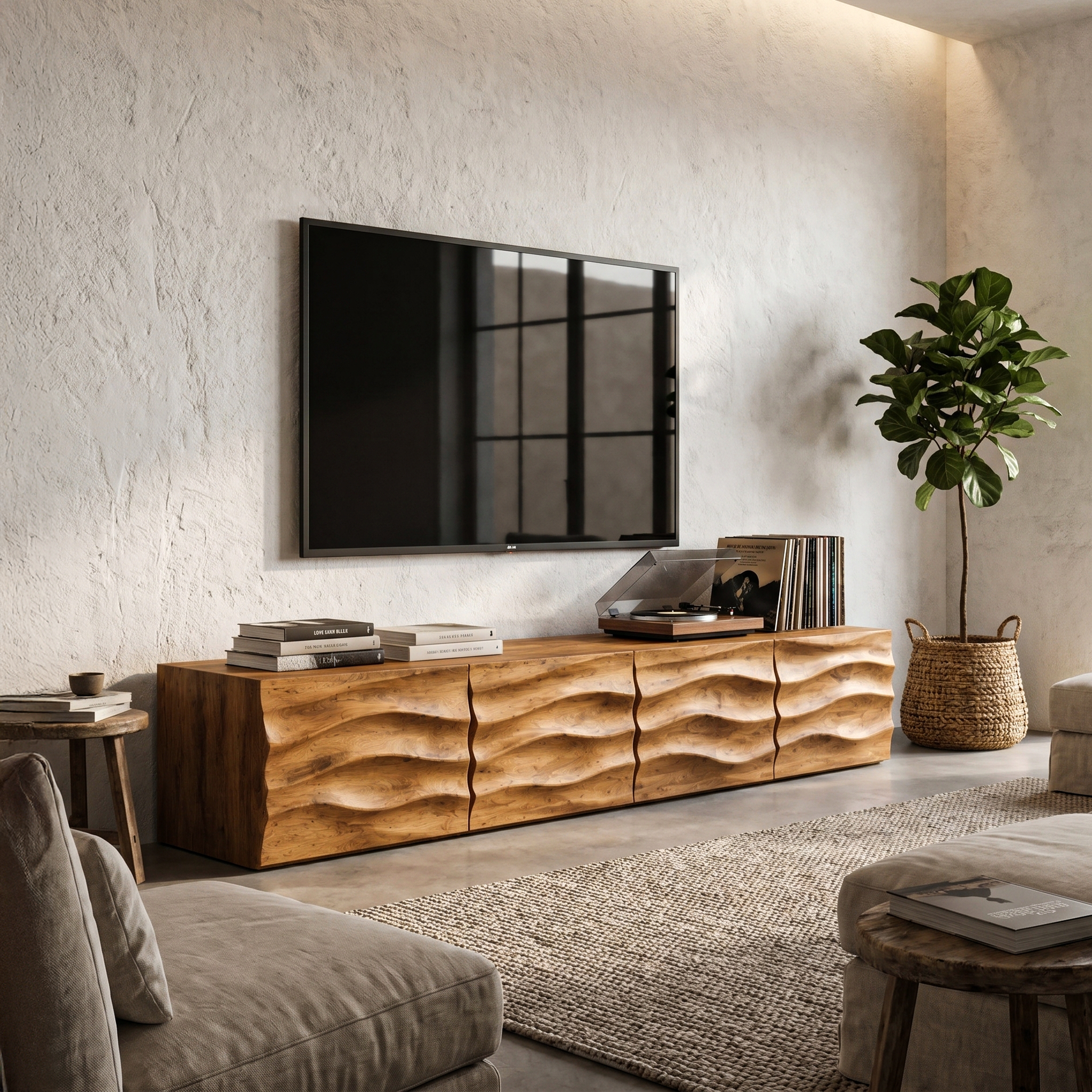 Organic TV Cabinet With Wave Front Doors And Built In Storage For Living Room