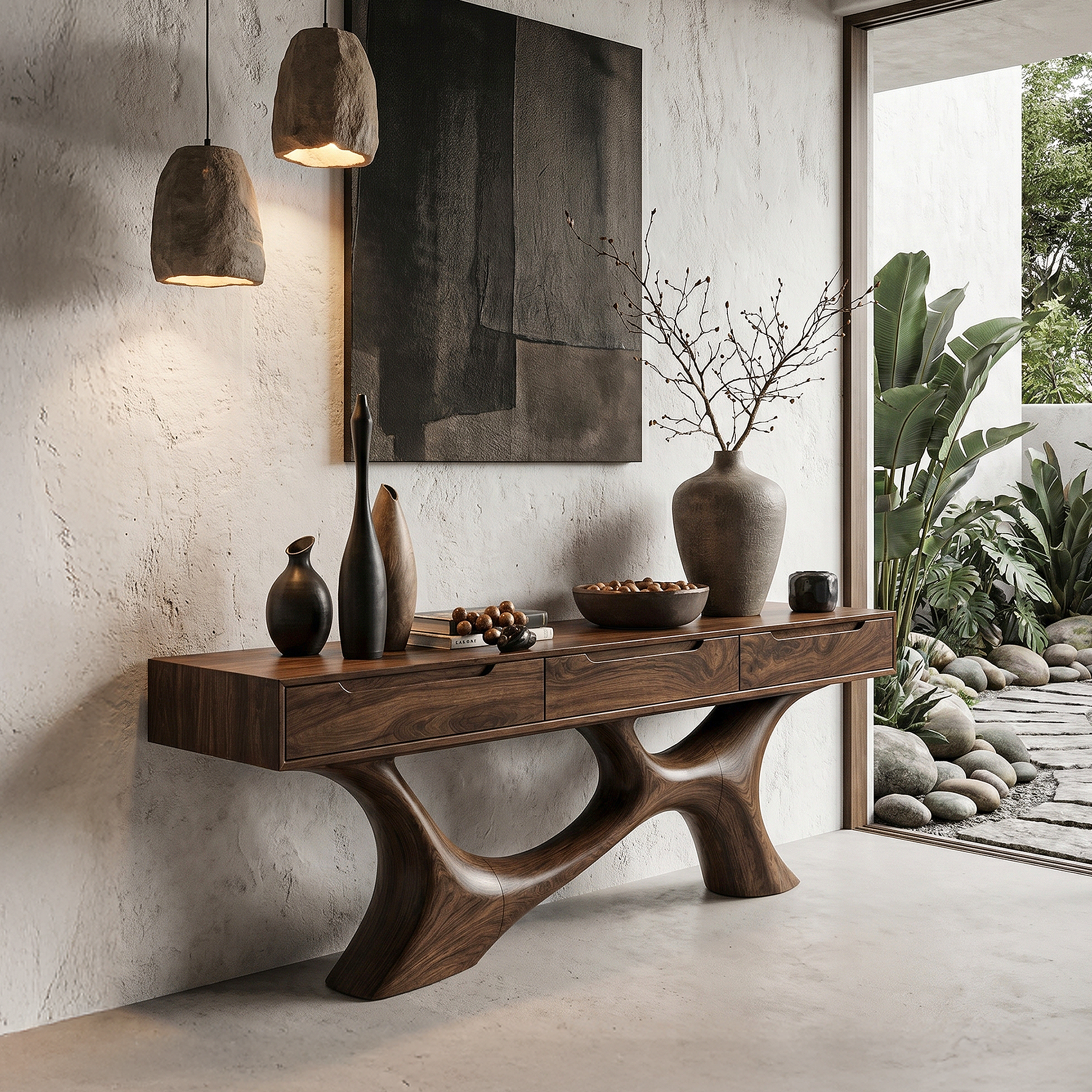 Modern Console Table With Built In Storage Cabinet And Sculptural Curved Wood Base For Entryway And Living Room