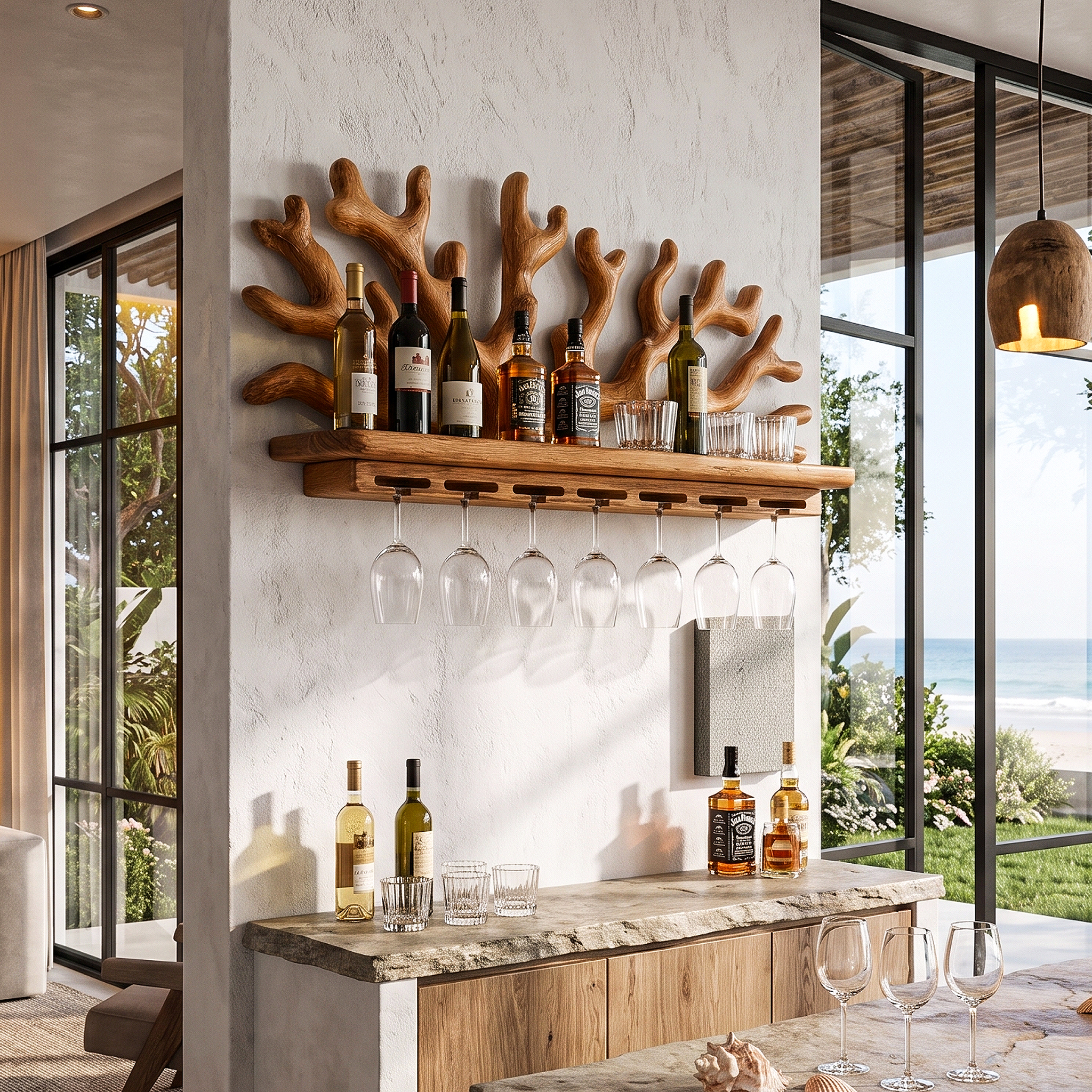 Organic Floating Wine Holder With Live Edge Display For Dining Room
