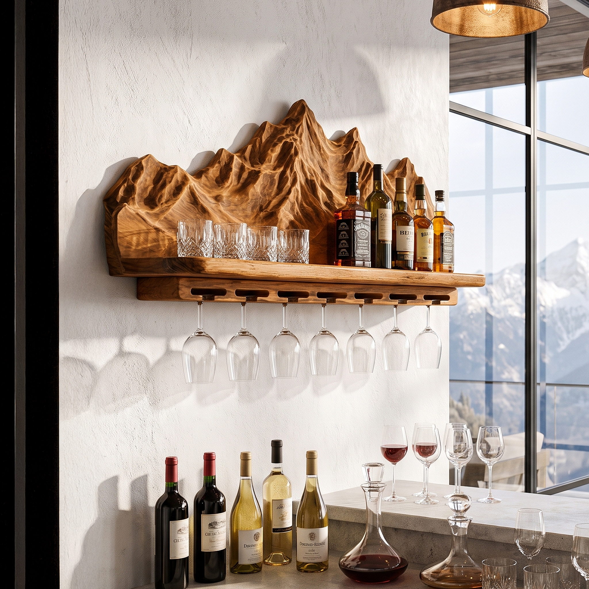 Nature Inspired Wall Wine Holder With Mountain Shelf For Home Bar