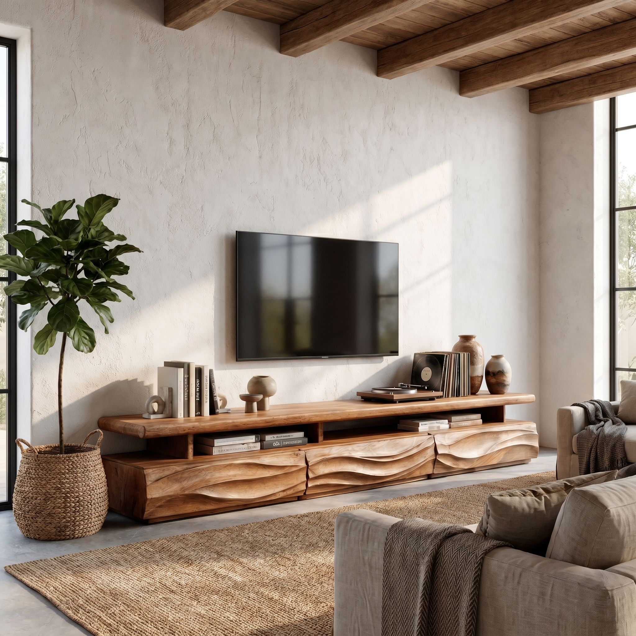 Rustic TV Cabinet With Open Storage Shelf And Wave Front Drawers For Living Room