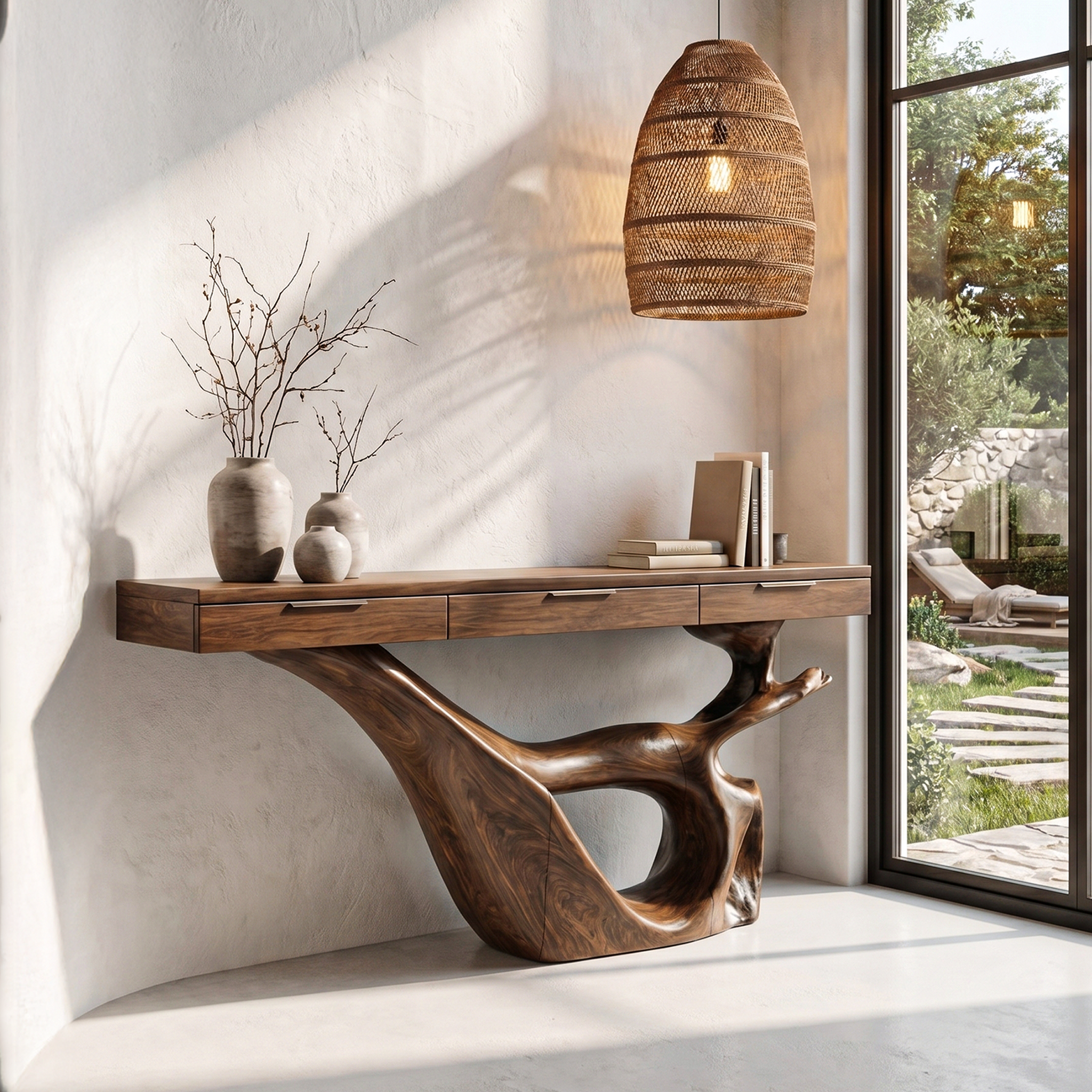 Minimal Console Table With Sculptural Curved Loop Wood Base And Solid Wood Top For Entryway And Living Room