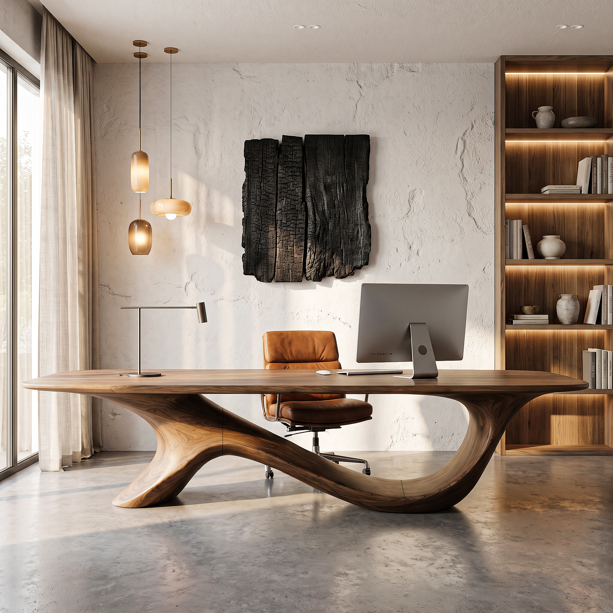 Modern Sculptural Base Desk Solid Wood Desk For Workspace