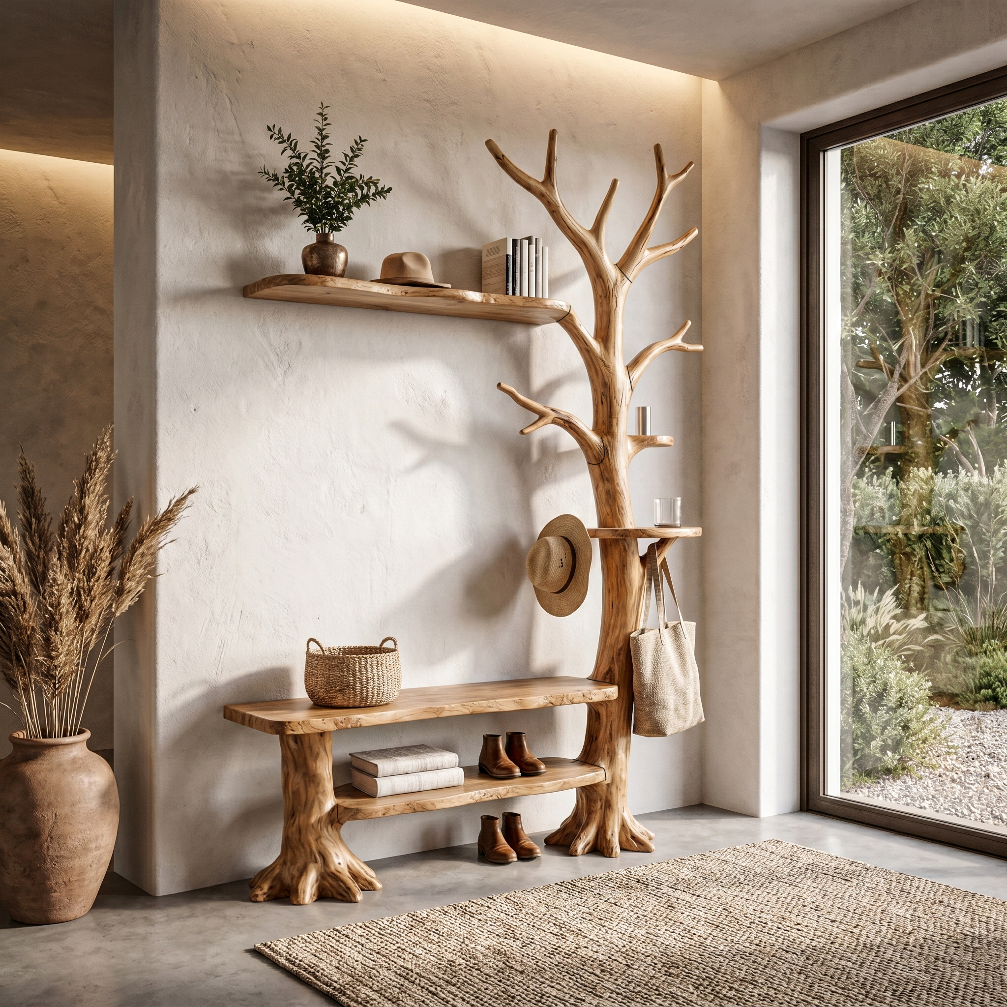 Rustic Tree Coat Rack With Integrated Bench And Floating Display Shelves For Entryway.