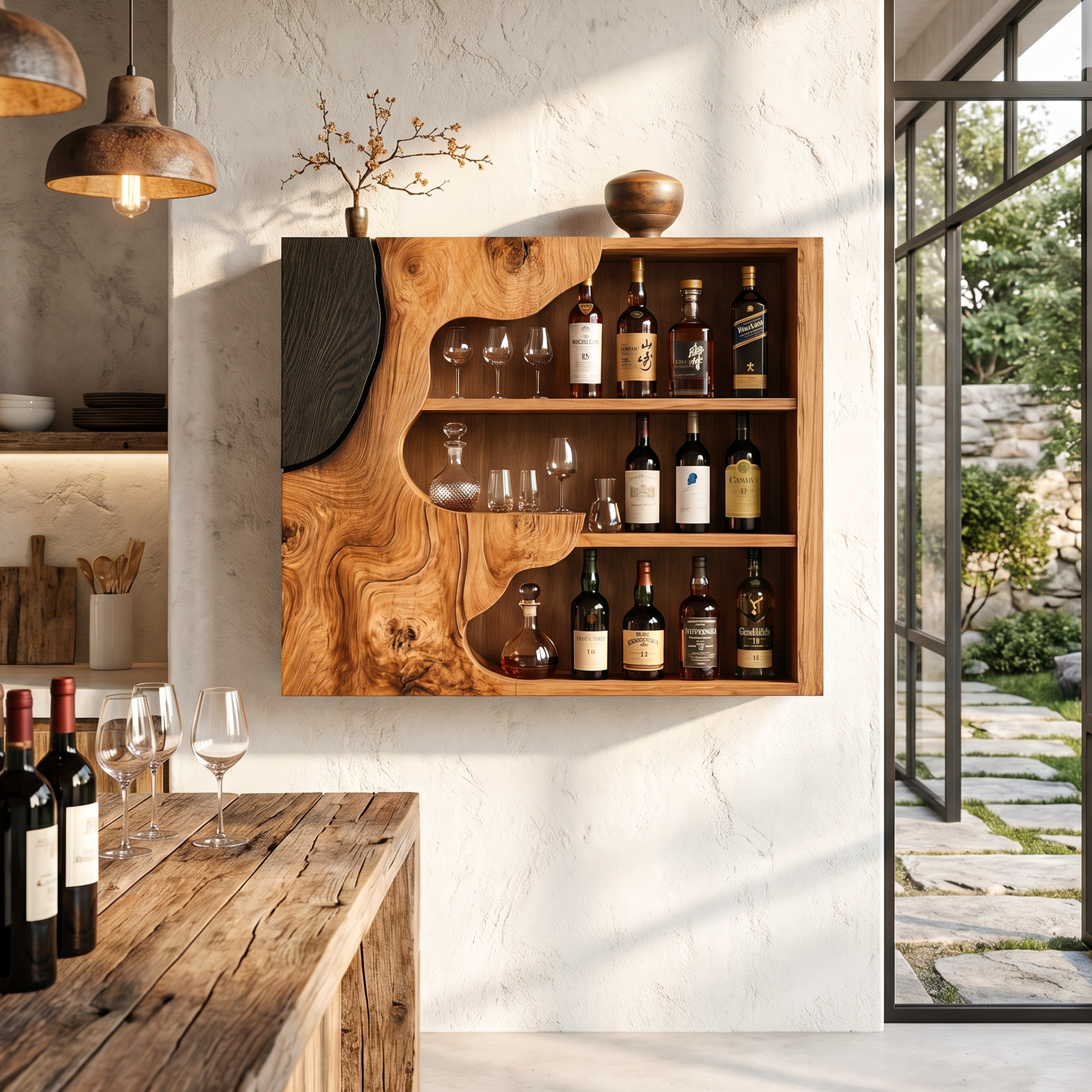 Organic Live Edge Wine Holder Wall Mounted Storage Cabinet For Home Bar
