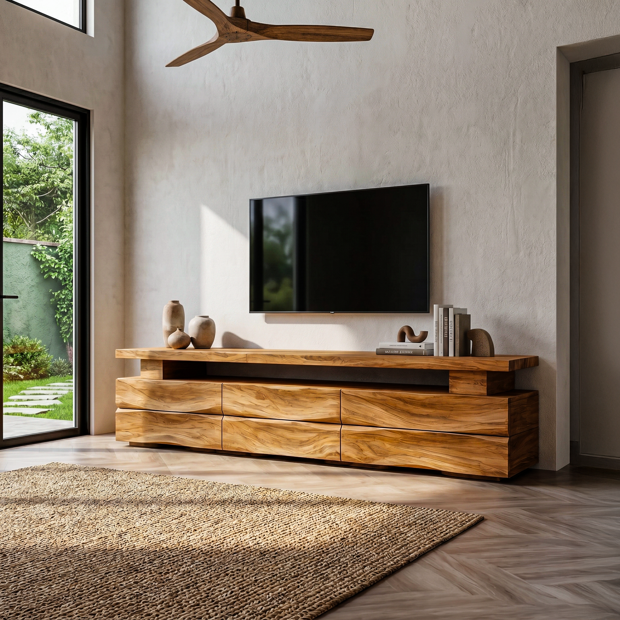 Rustic TV Cabinet With Wave Front Drawers And Open Storage Shelf For Living Room