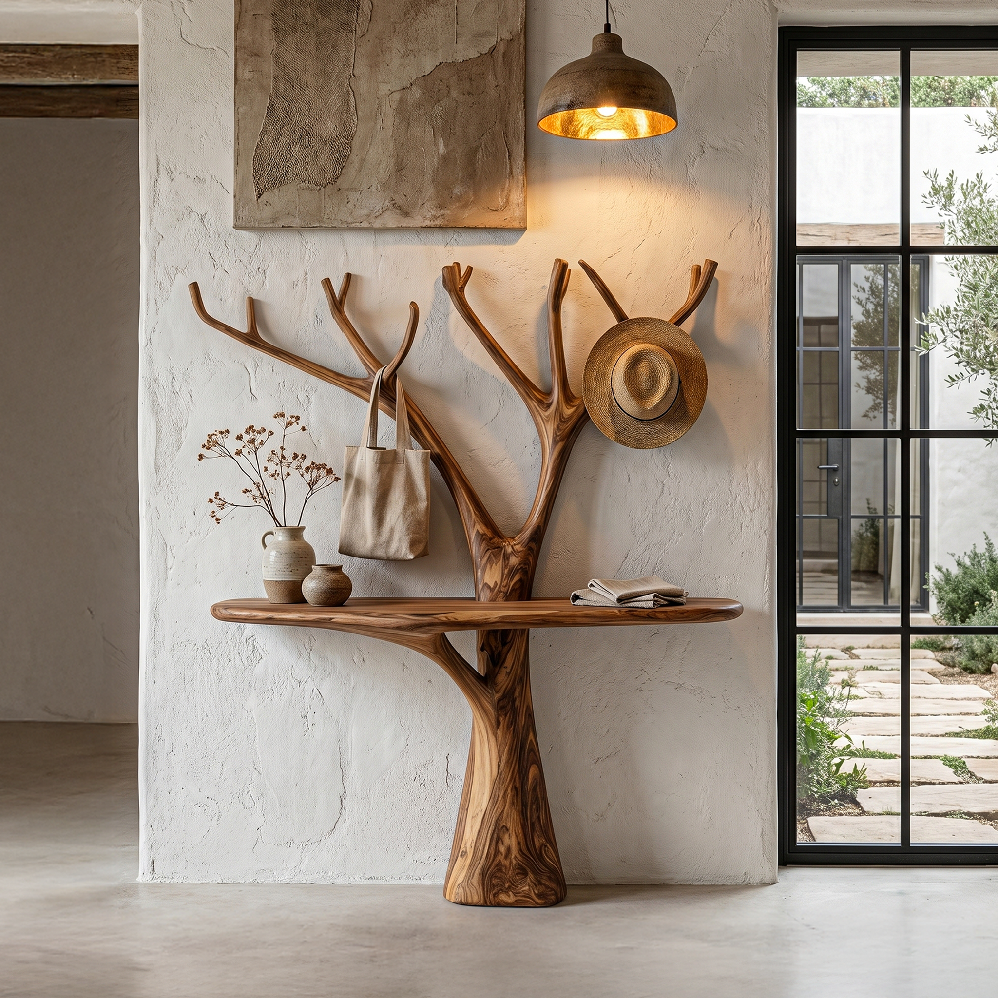 Rustic Organic Console Table With Tree Branch Wood Base For Living Room
