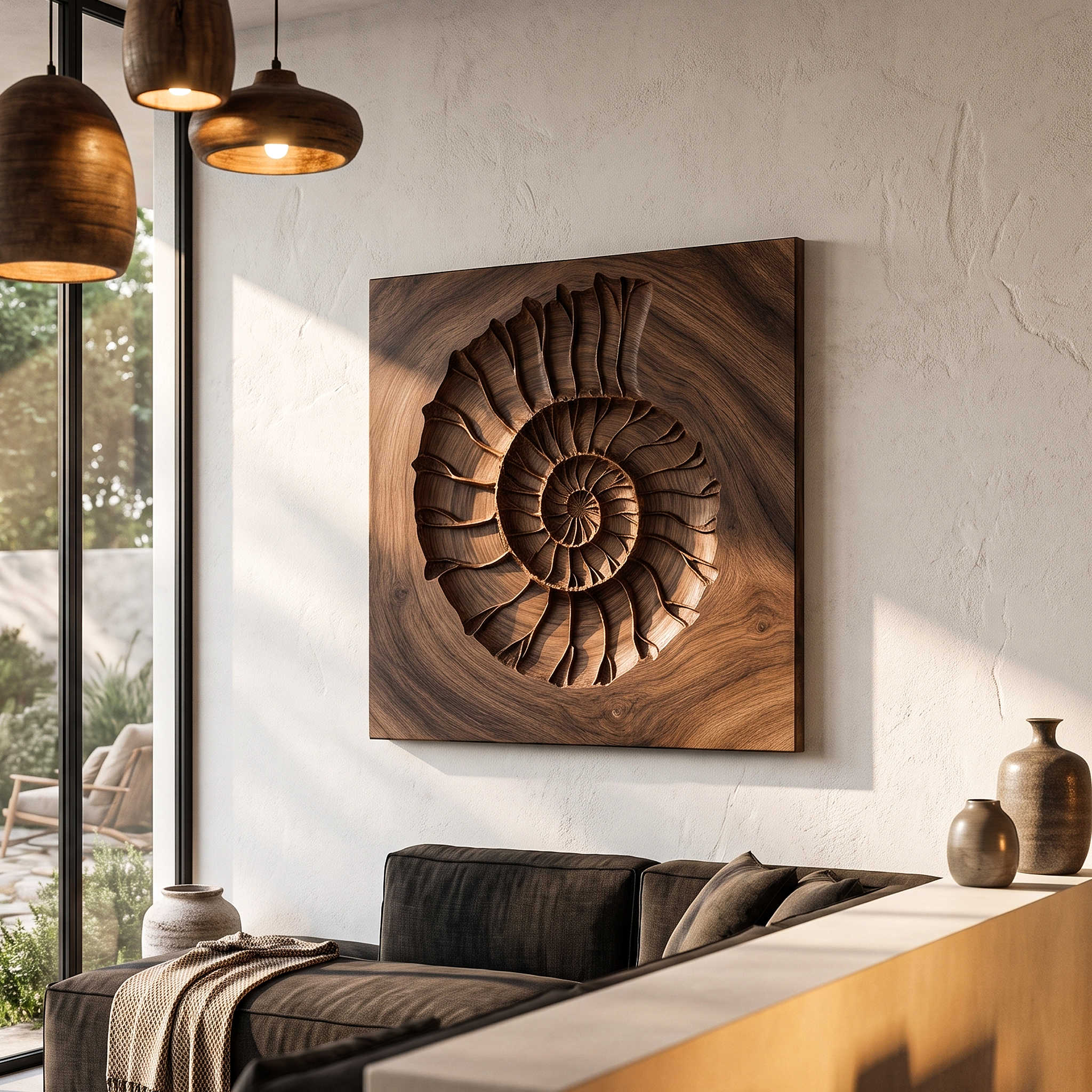 Rustic Ammonite Fossil Wooden Wall Decor For Living Room