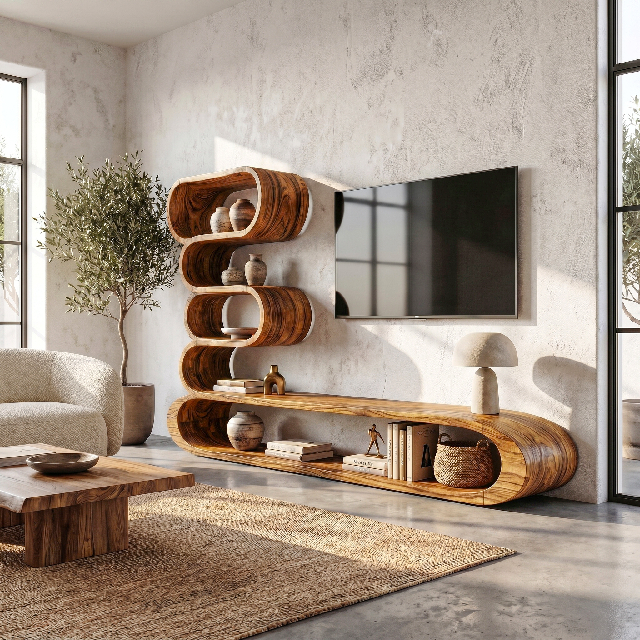 Organic TV Cabinet With Integrated Display Shelves And Rounded Storage Design For Living Room