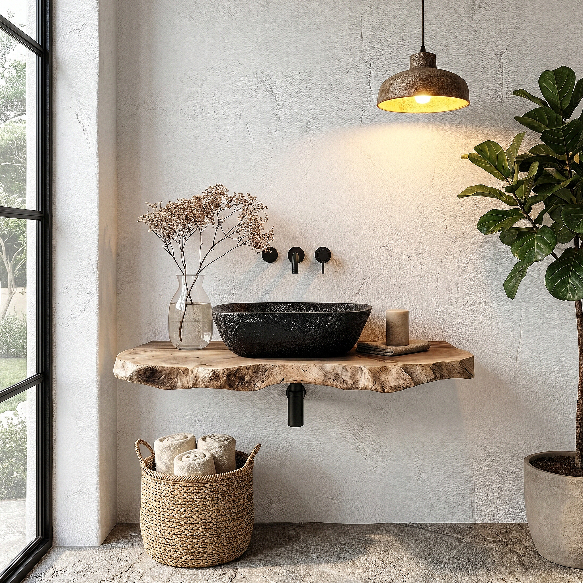 Rustic Floating Bathroom Vanity With Live Edge Wood Shelf For Bathroom And Powder Room