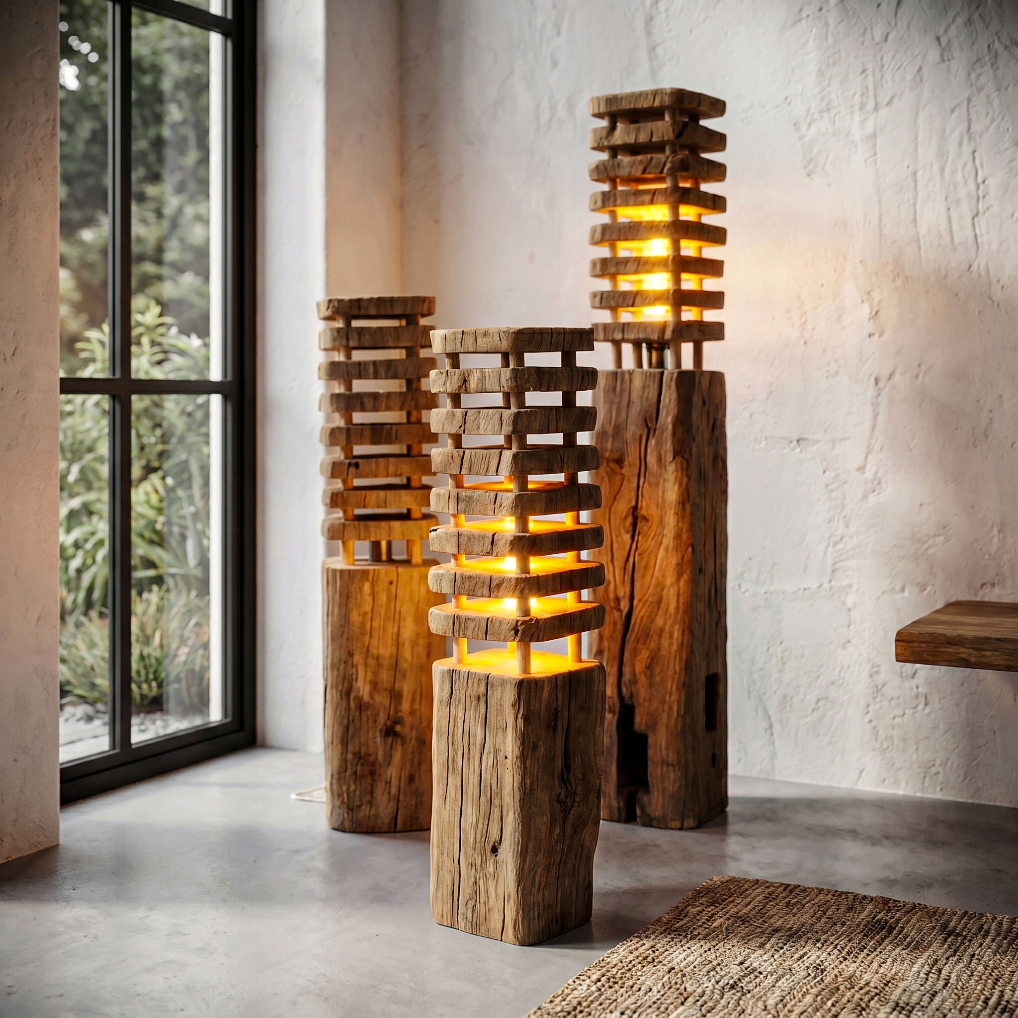 Rustic Wooden Floor Lamp With Sculptural Log Base For Living Room And Bedroom