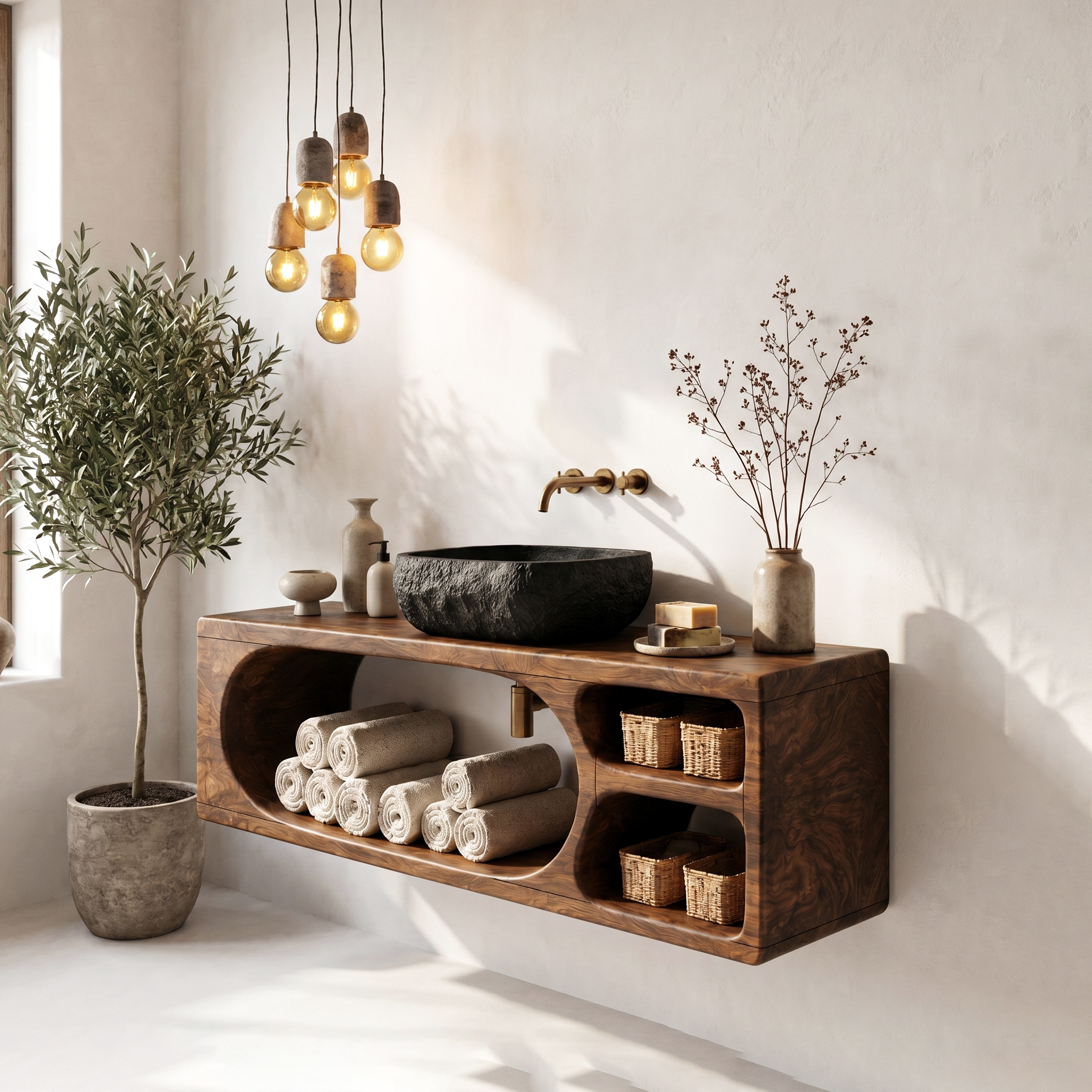 Organic Bathroom Vanity With Built In Storage Shelves For Bathroom