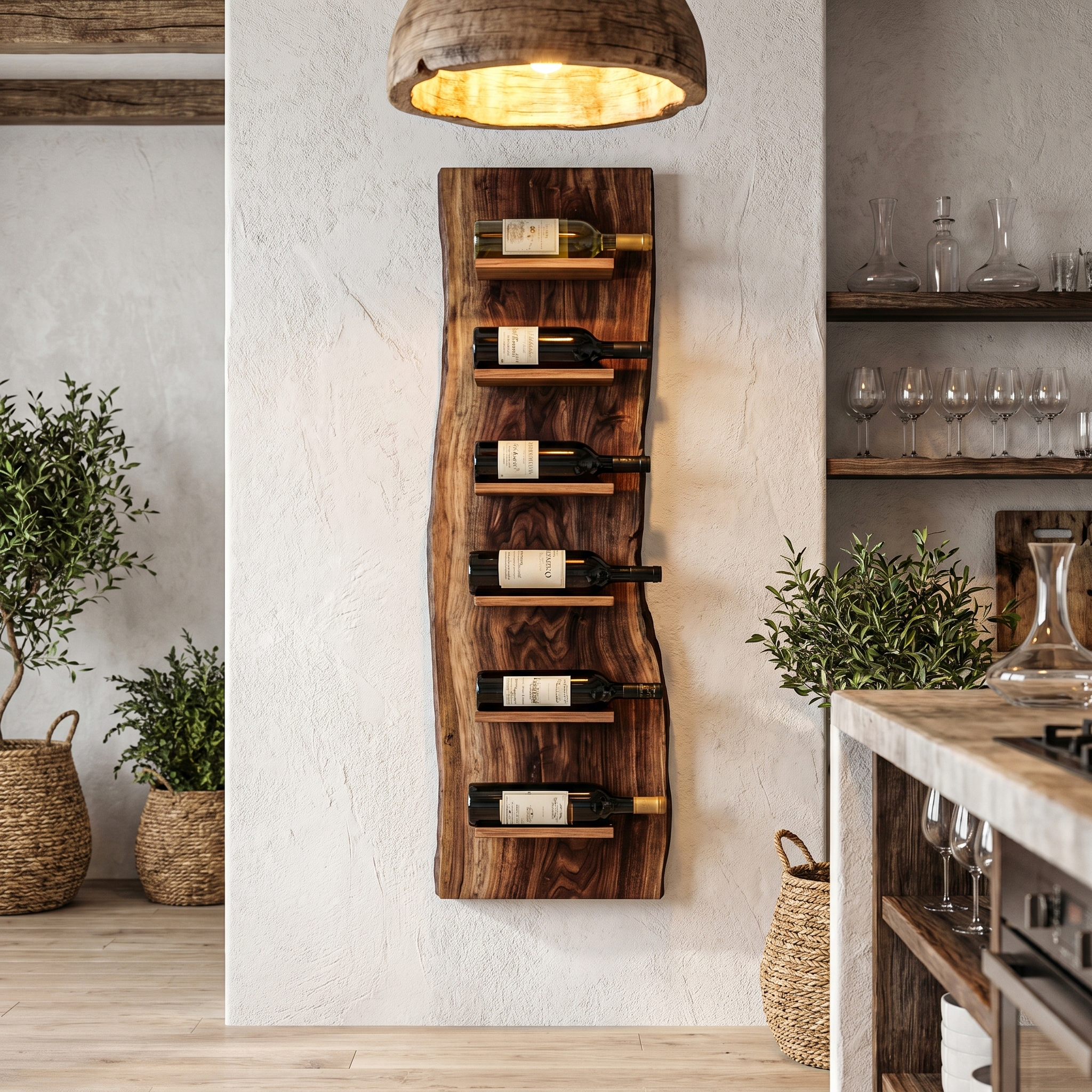 Organic Wall Mounted Wine Rack With Natural Wood Design For Kitchen