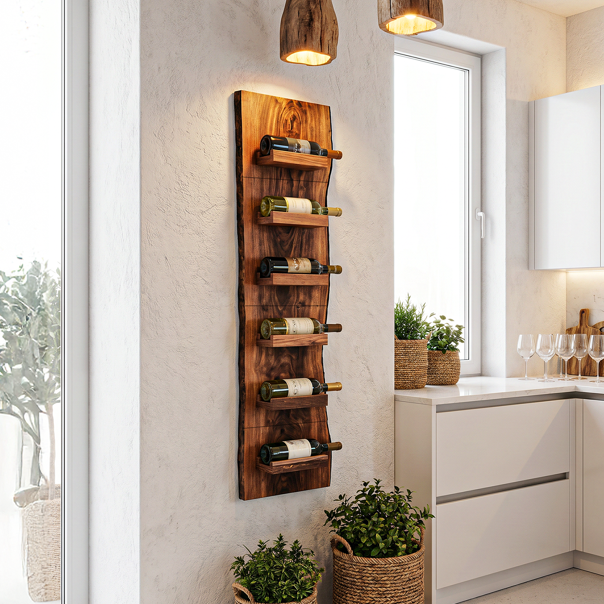 Rustic Wall Mounted Wine Rack With Vertical Wooden Storage Shelves For Kitchen And Dining Room