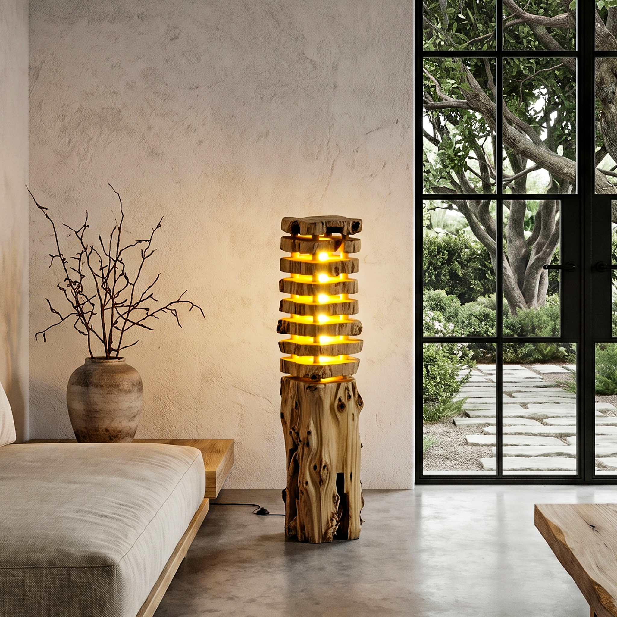 Rustic Log Floor Lamp With Sculptural Wooden Base For Living Room And Bedroom