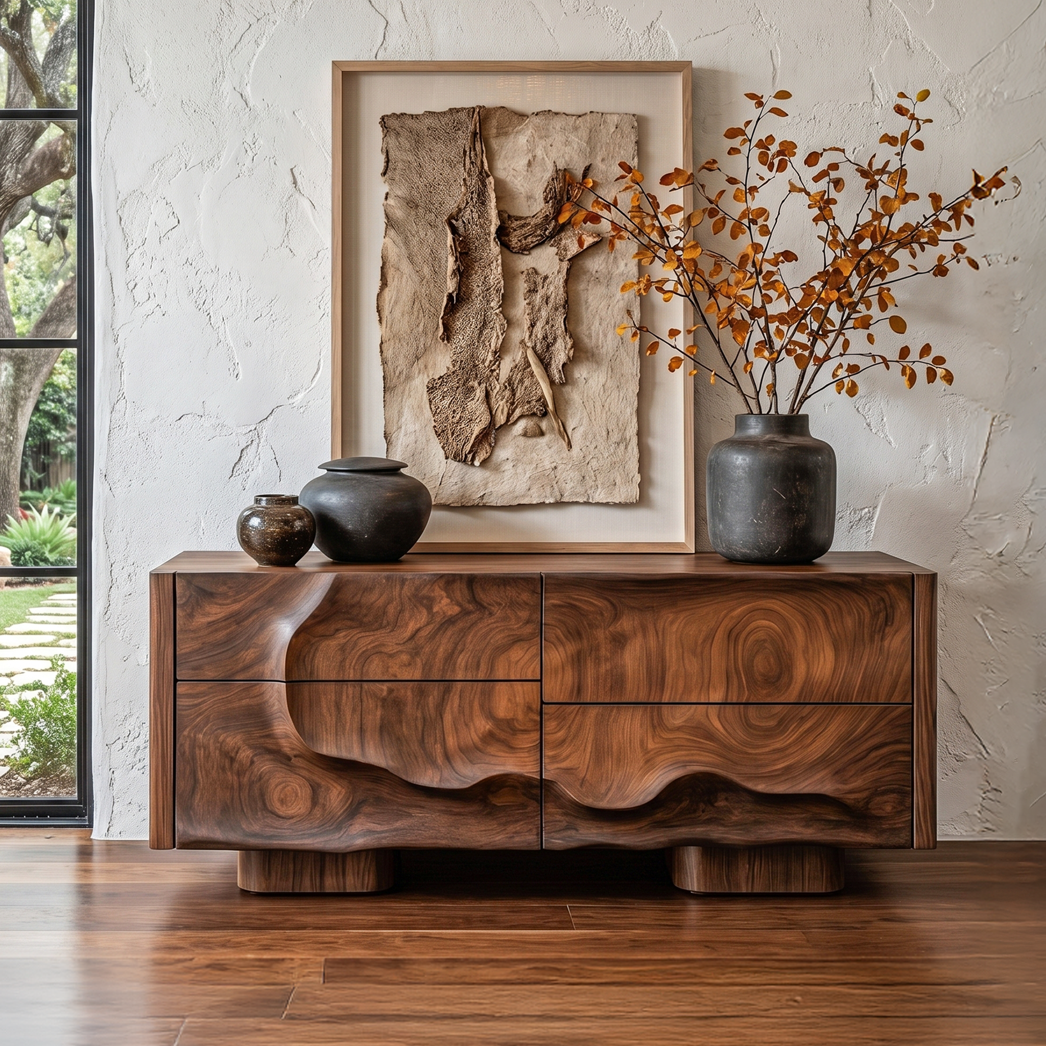 Rustic Organic Storage Cabinet With Carved Wood Doors For Living Room And Entryway