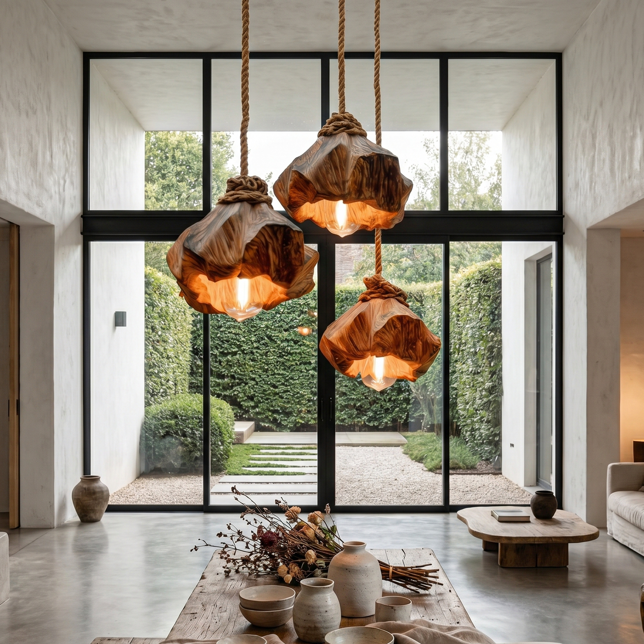 Handmade Wooden Pendant Lamp With Unique Sculptural Shape For Living Room