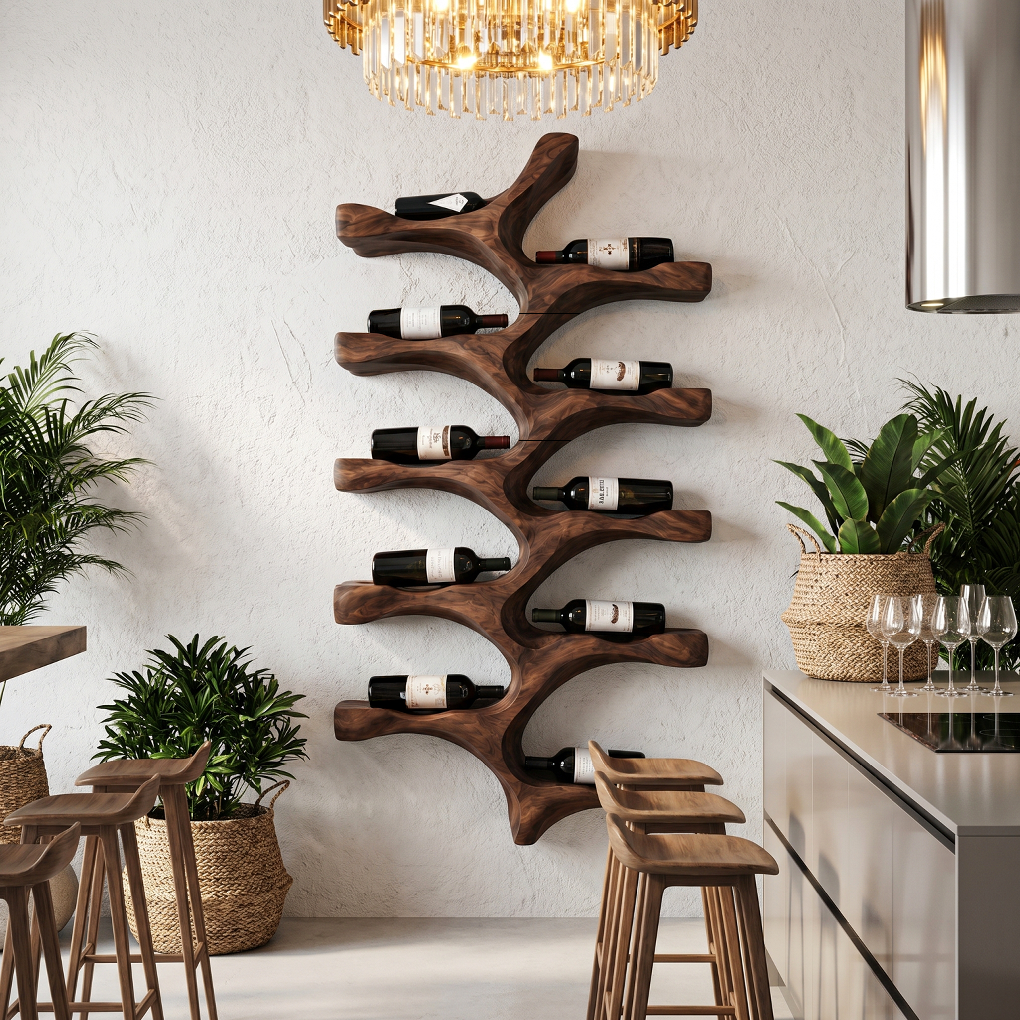 Organic Wall Mounted Wine Rack With Tree Branch Bottle Holders For Kitchen
