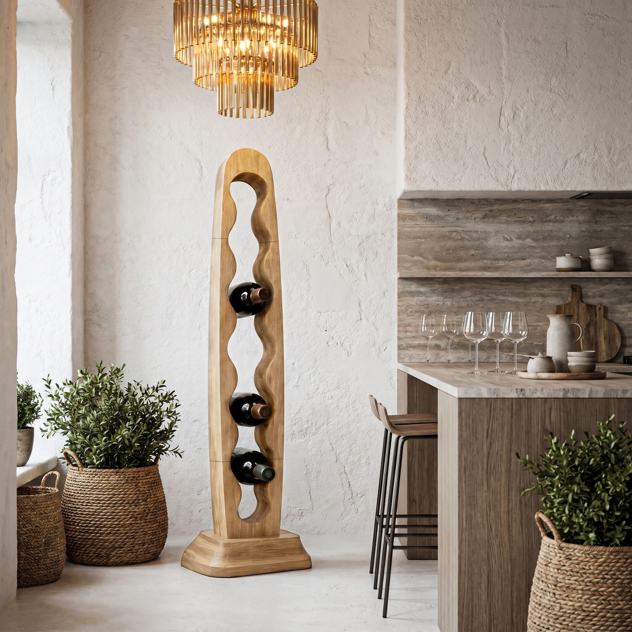 Modern Freestanding Wine Rack With Sculptural Vertical Bottle Storage For Kitchen