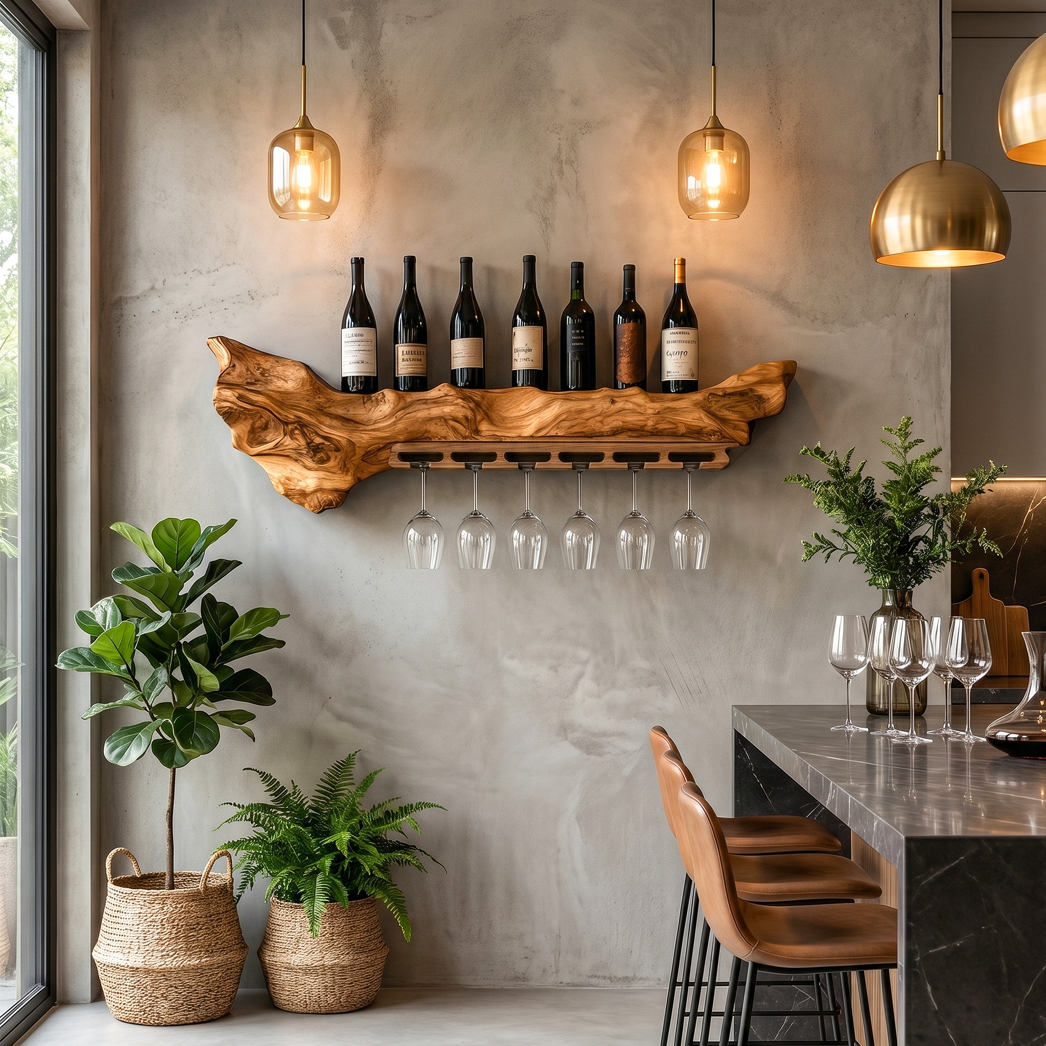 Rustic Live Edge Wall Mounted Wine Rack With Glass Holder And Bottle Storage For Kitchen And Dining Room