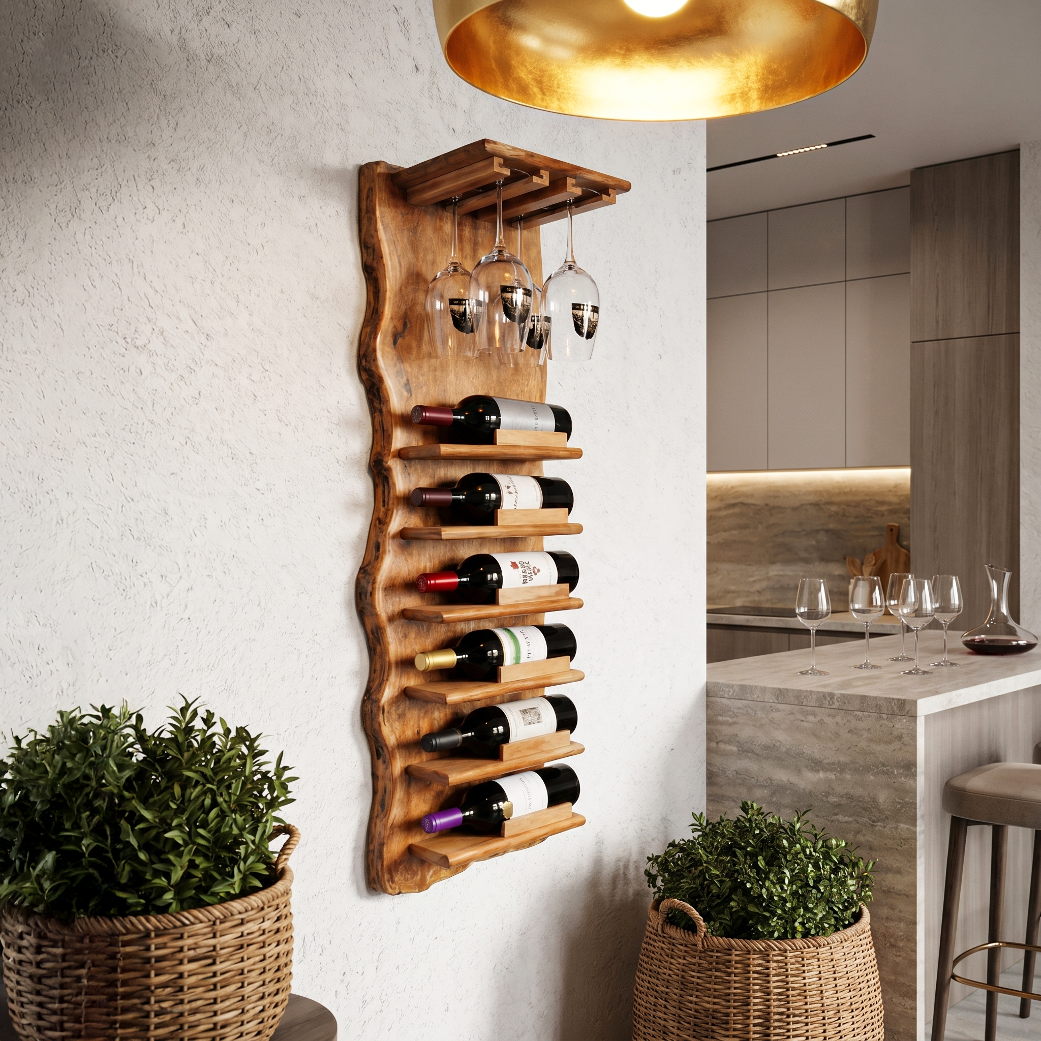 Live Edge Wall Mounted Wine Rack With Glass Holder And Vertical Bottle Storage For Kitchen And Dining Room