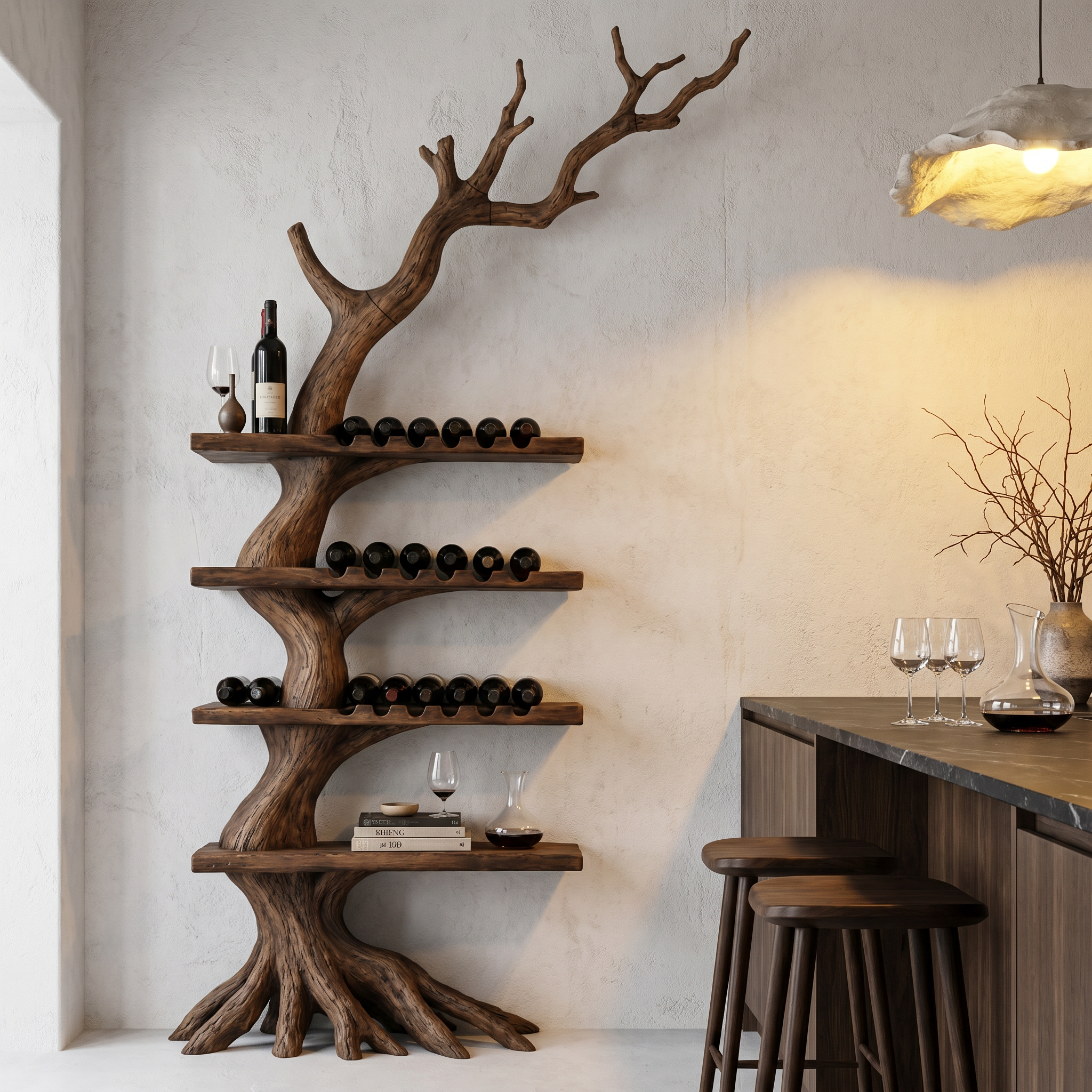 Rustic Tree Wine Rack With Solid Wood Shelves And Branch Inspired Wall Mounted Design For Dining Room