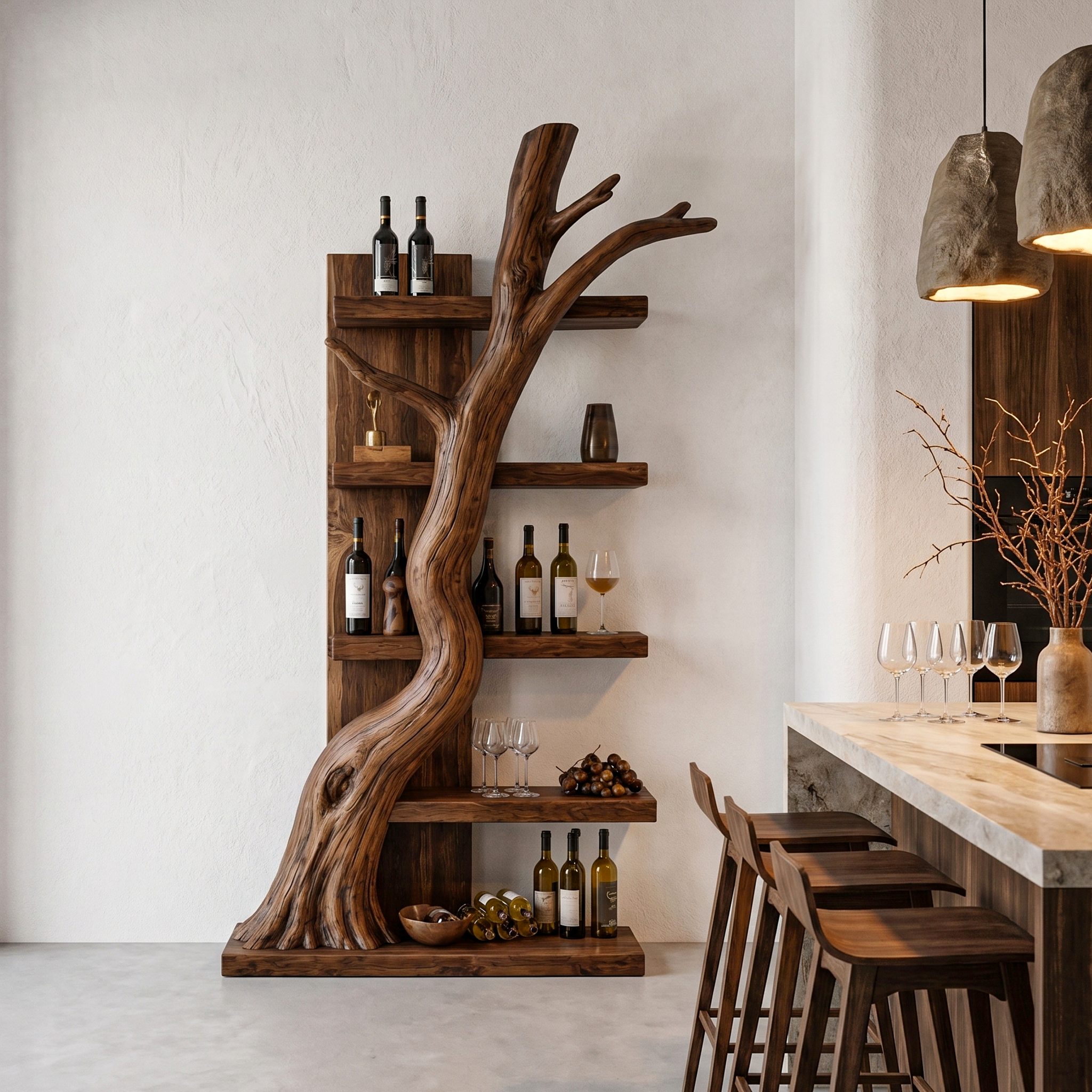 Rustic Tree Wine Rack With Solid Wood Shelves And Sculptural Root Base For Home Bar