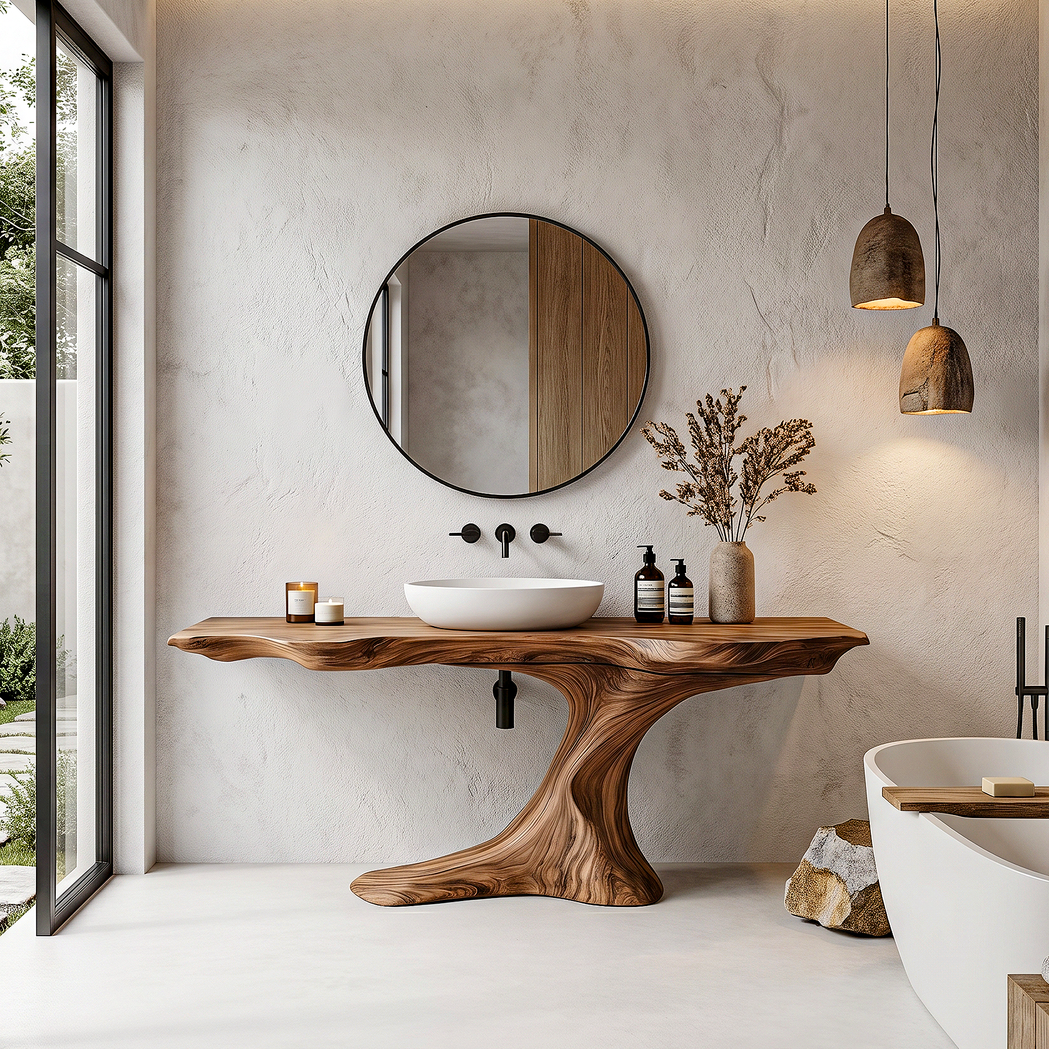 Rustic Organic Bathroom Vanity With Live Edge Countertop And Sculptural Tree Root Base