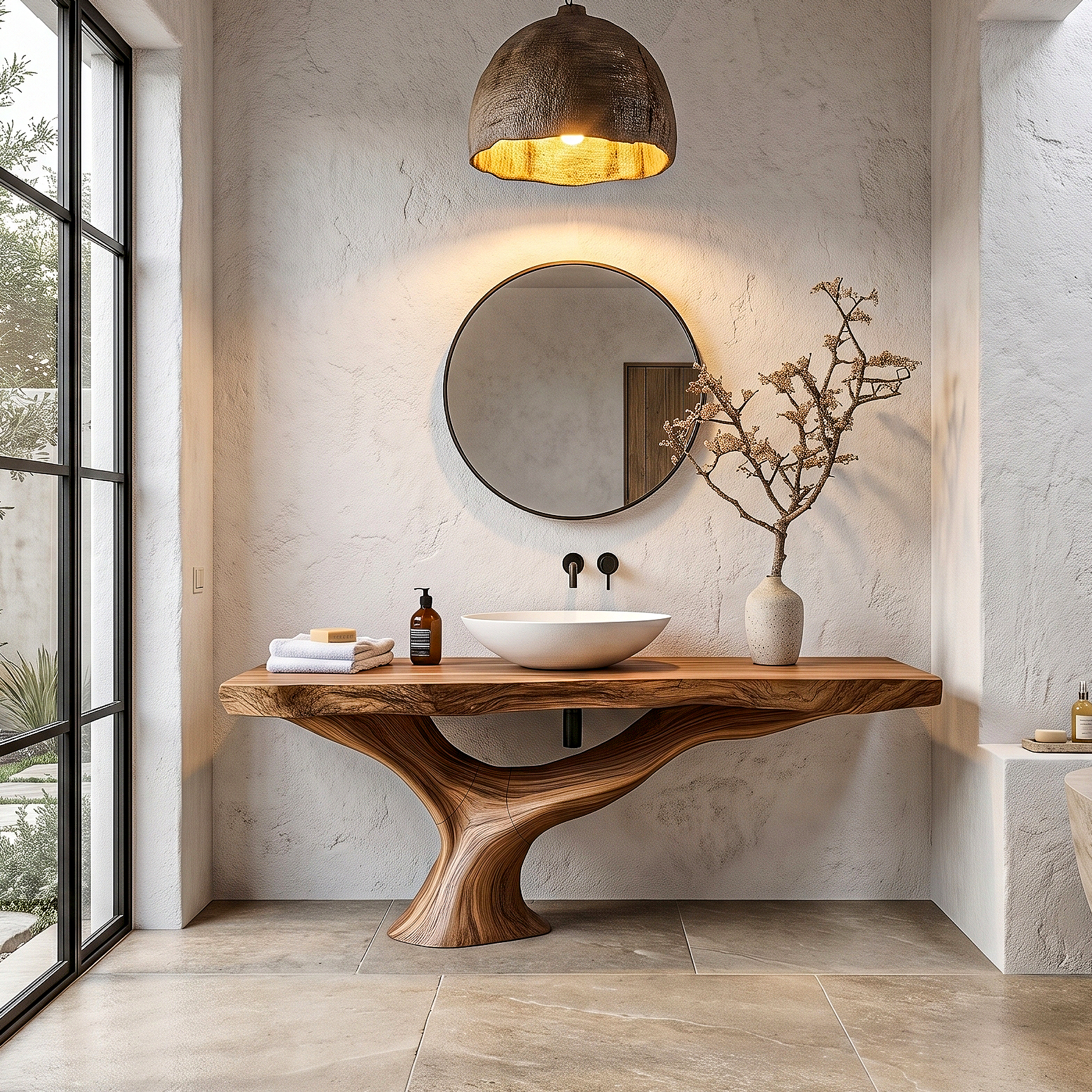 Contemporary Bathroom Vanity With Organic Wood Countertop And Artistic Base For Bathroom