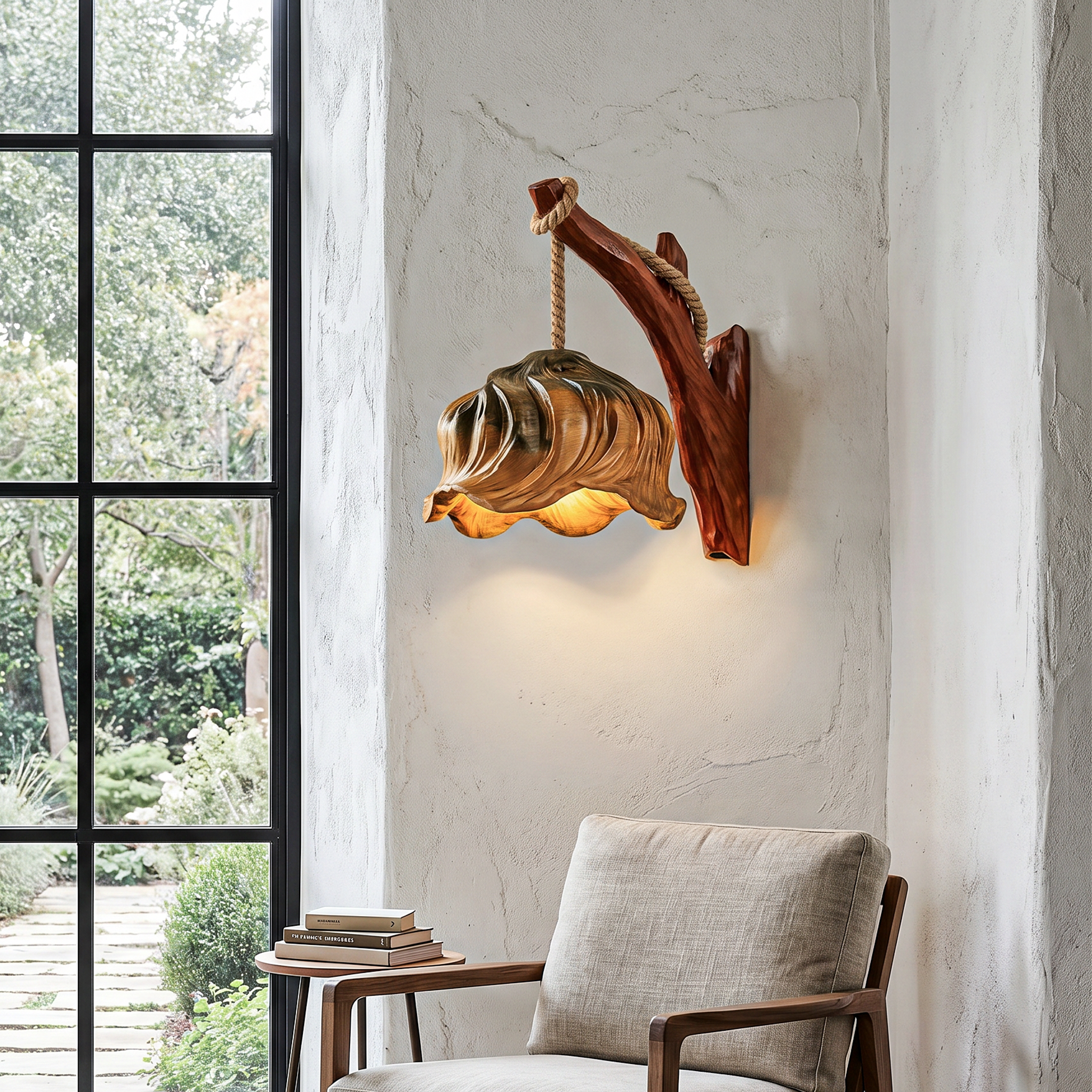 Rustic Flower Wall Sconce With Driftwood Mount And Handcrafted Wooden Sculpture For Living Room