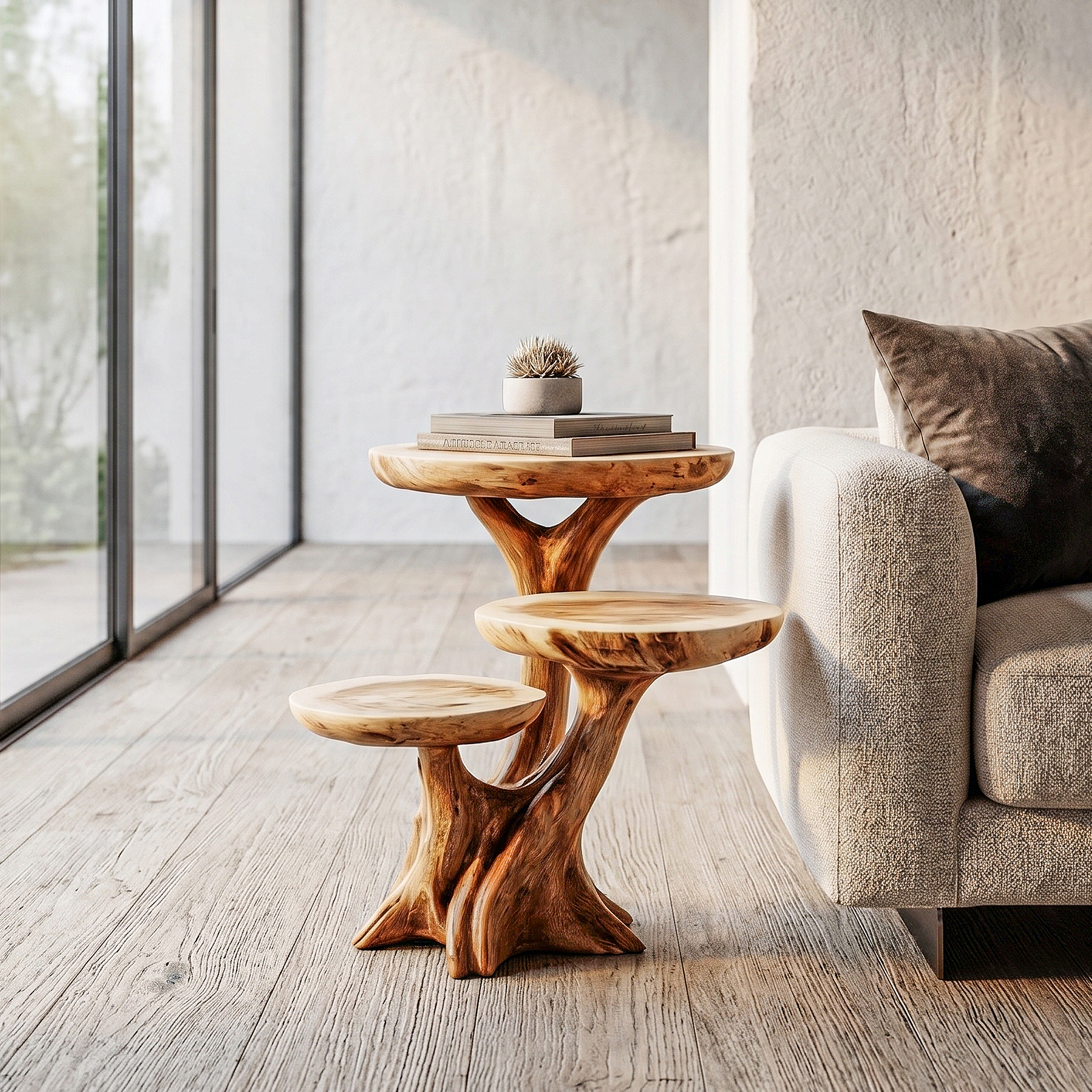 Rustic Tree Root Side Table With Sculptural Solid Wood Design For Living Room And Bedroom