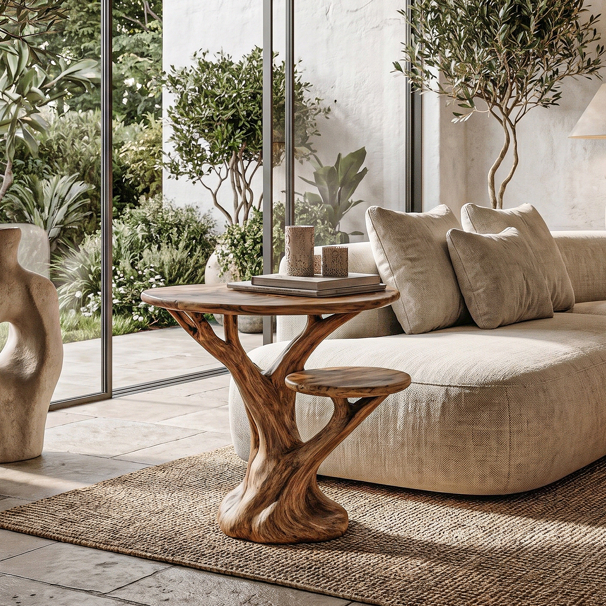 Organic Sculptural Side Table With Tree Inspired Solid Wood Base For Living Room And Bedroom