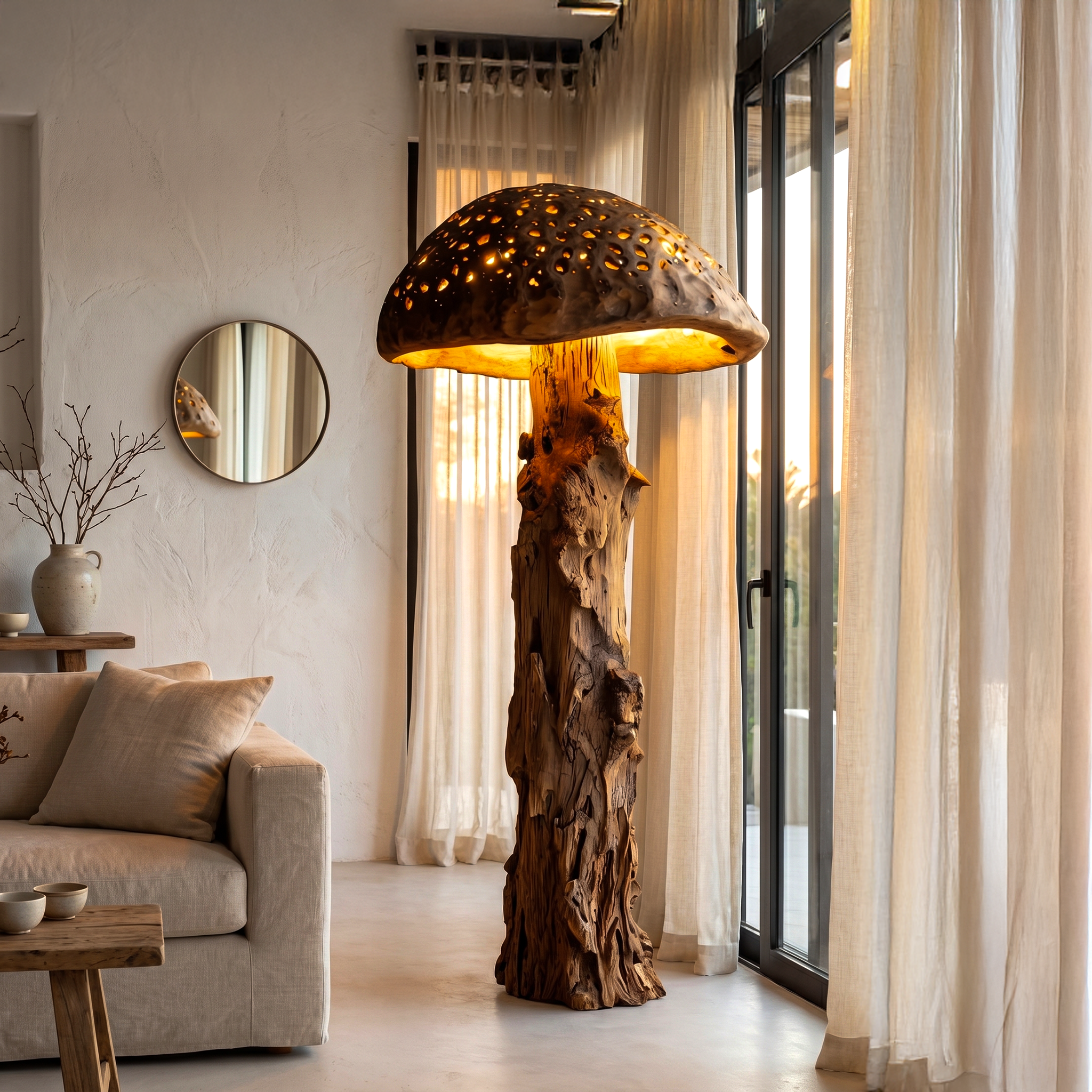 Organic Floor Lamp With Tree Trunk Base And Sculptural Shade For Living Room And Bedroom